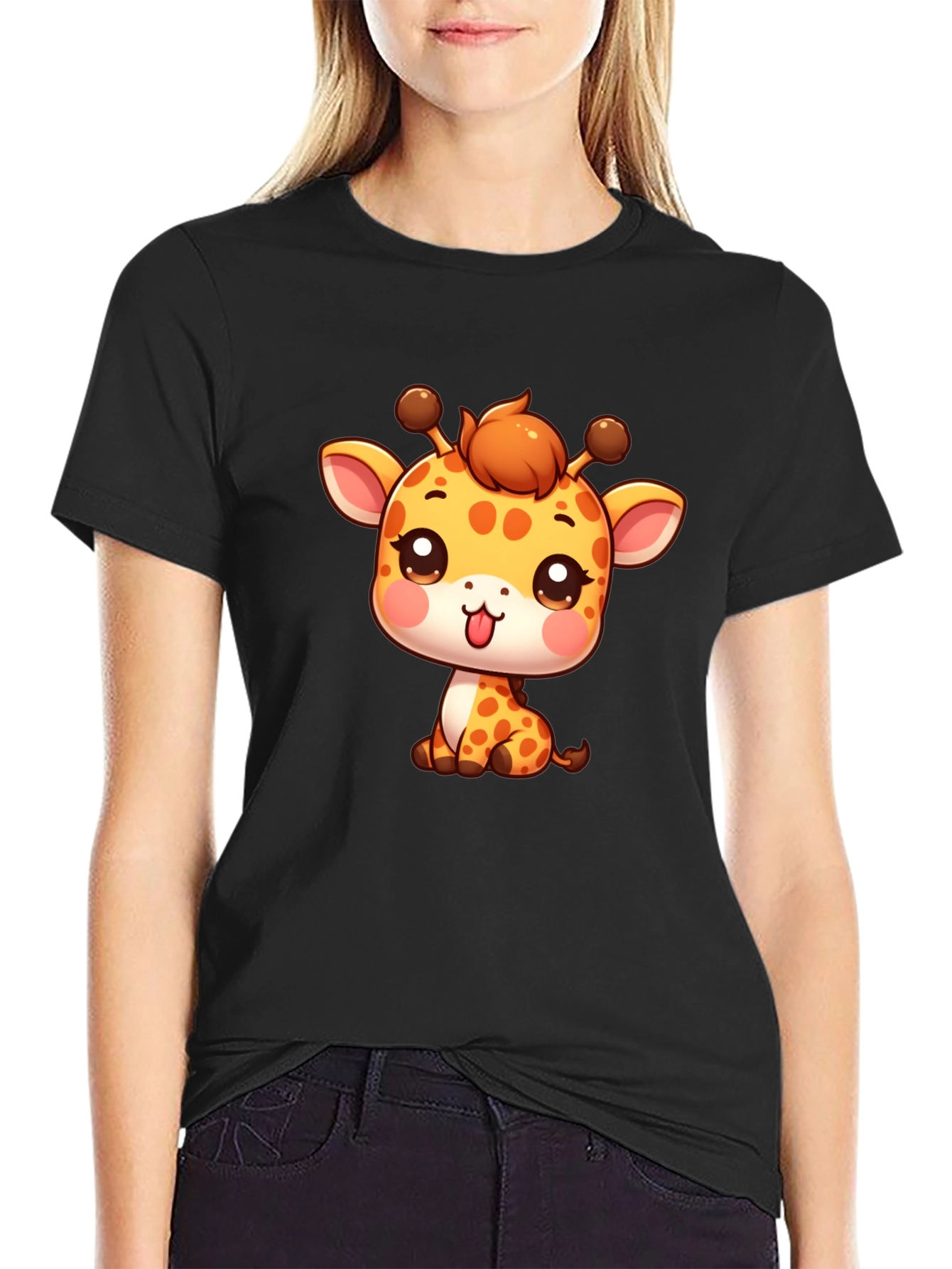 Black Cute Giraffe Cartoon Black T-Shirt view 2
