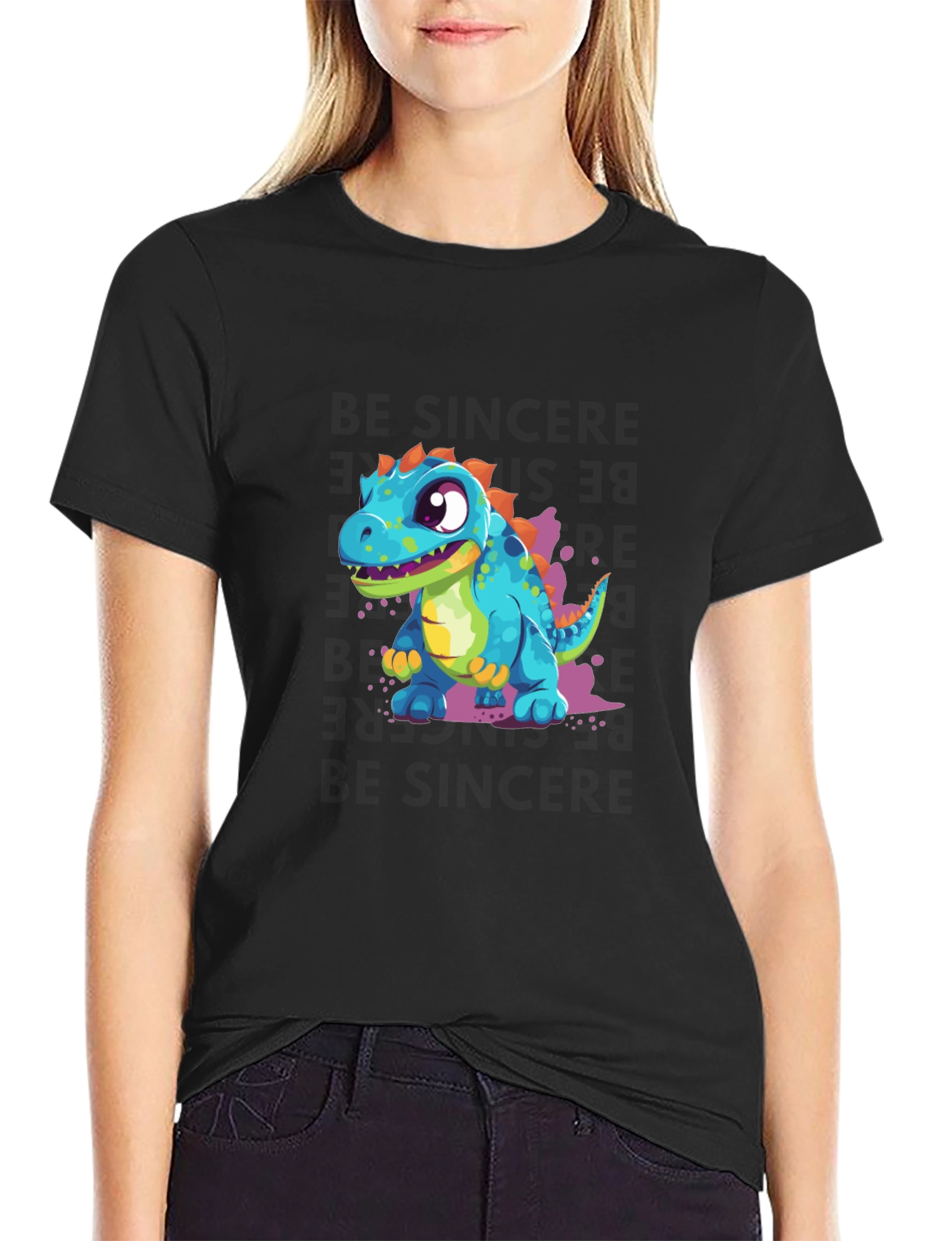Black Cute Cartoon Dinosaur Graphic Tee view 2