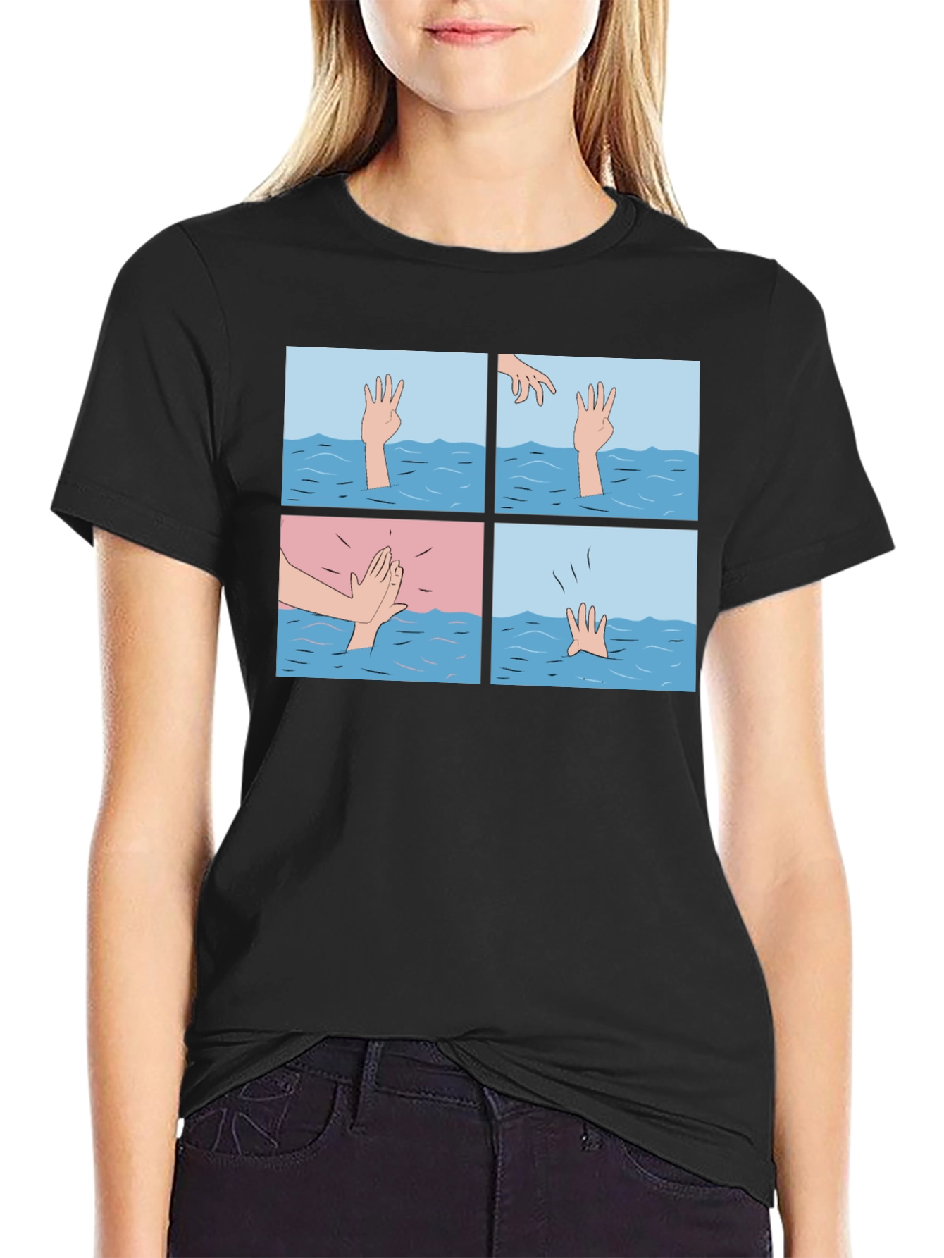 Black Comic Strip Graphic T-Shirt - Drowning Meme view 2