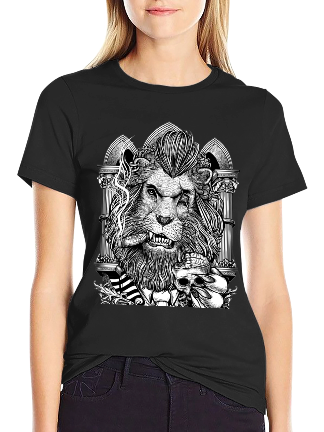 Black Lion with Skull Graphic Tee - Black view 2