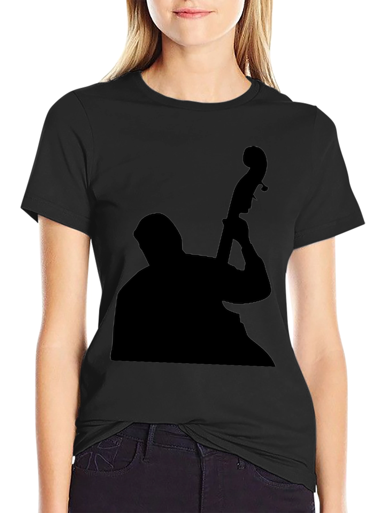 Black Jazz Bass Player Silhouette Black T-Shirt view 2