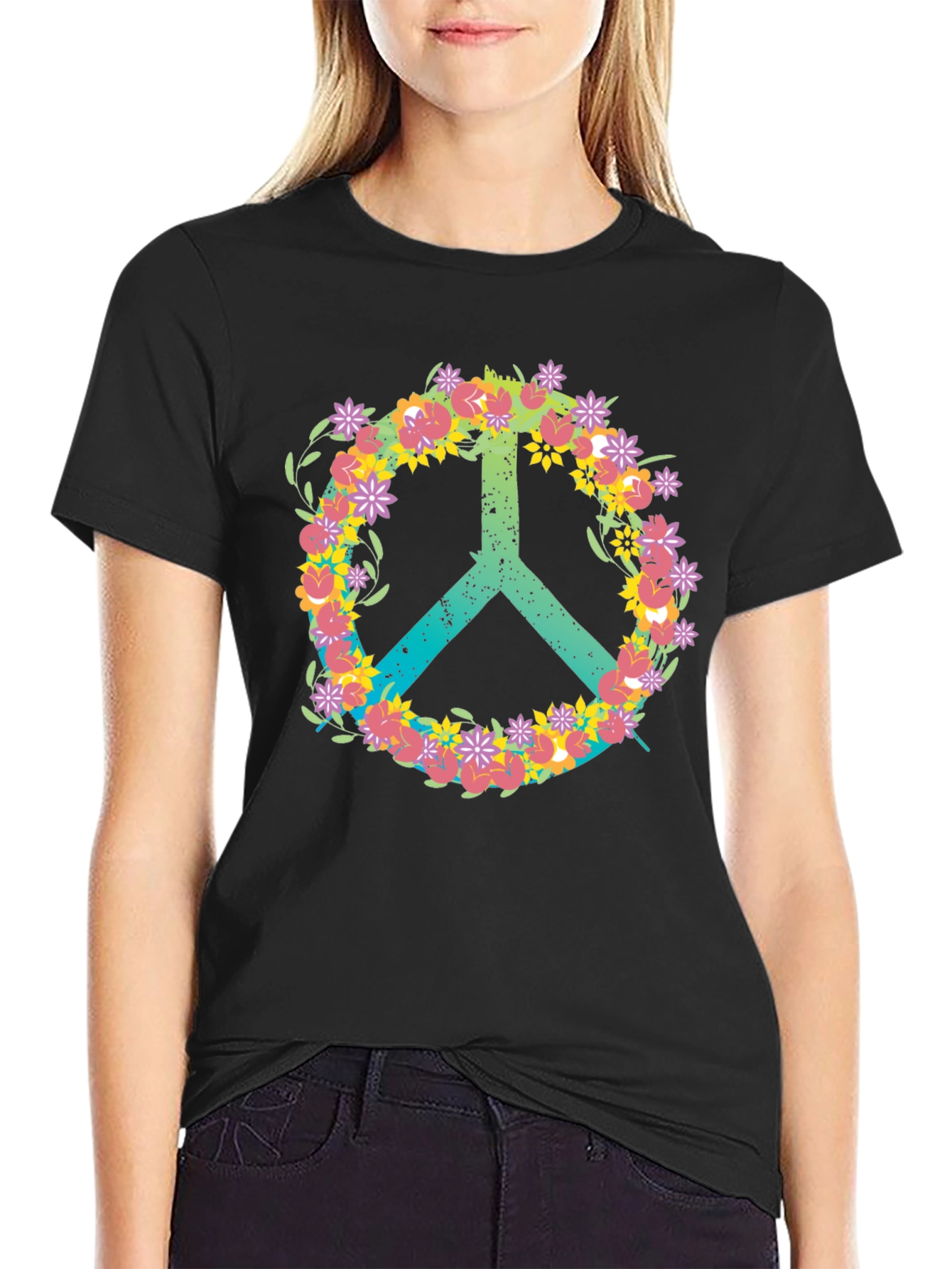 Black Floral Peace Sign T-Shirt - Black Casual Tee view 2