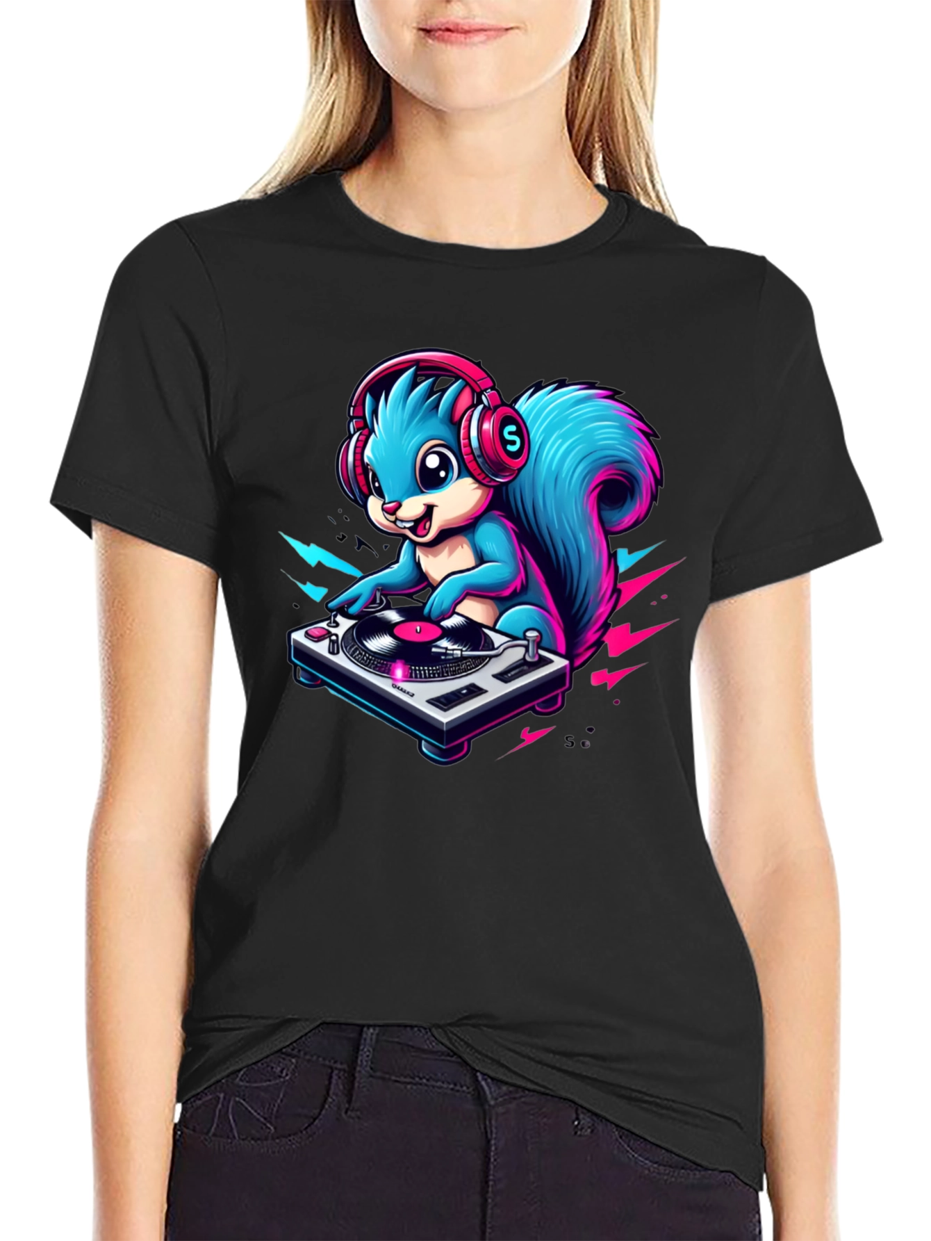 Black DJ Squirrel Graphic Tee - Funky Animal T-Shirt view 2