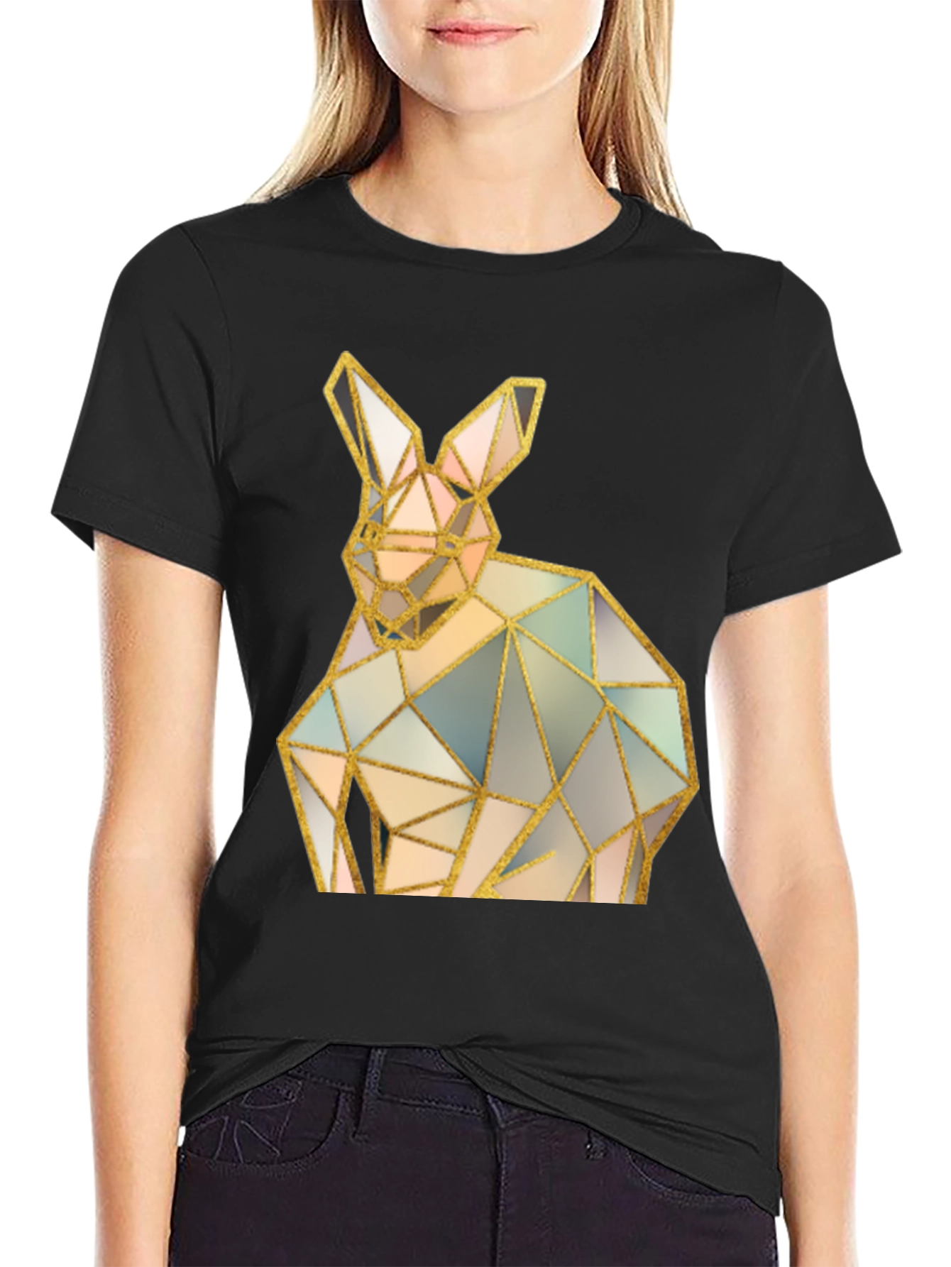 Black Geometric Rabbit Graphic Black T-Shirt view 2