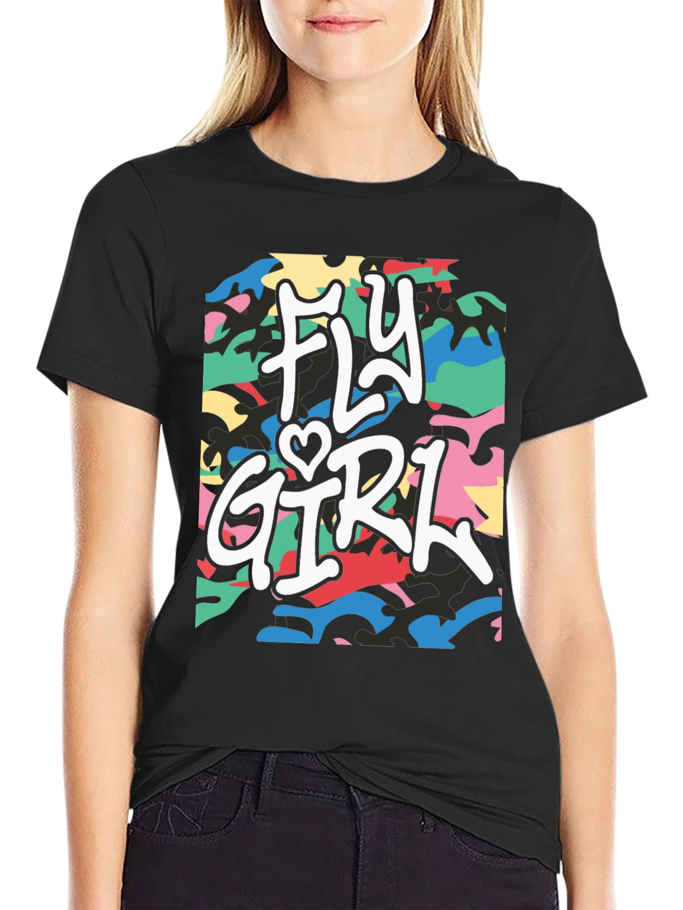 Black Fly Girl Graphic Tee - Urban Camo Design view 2
