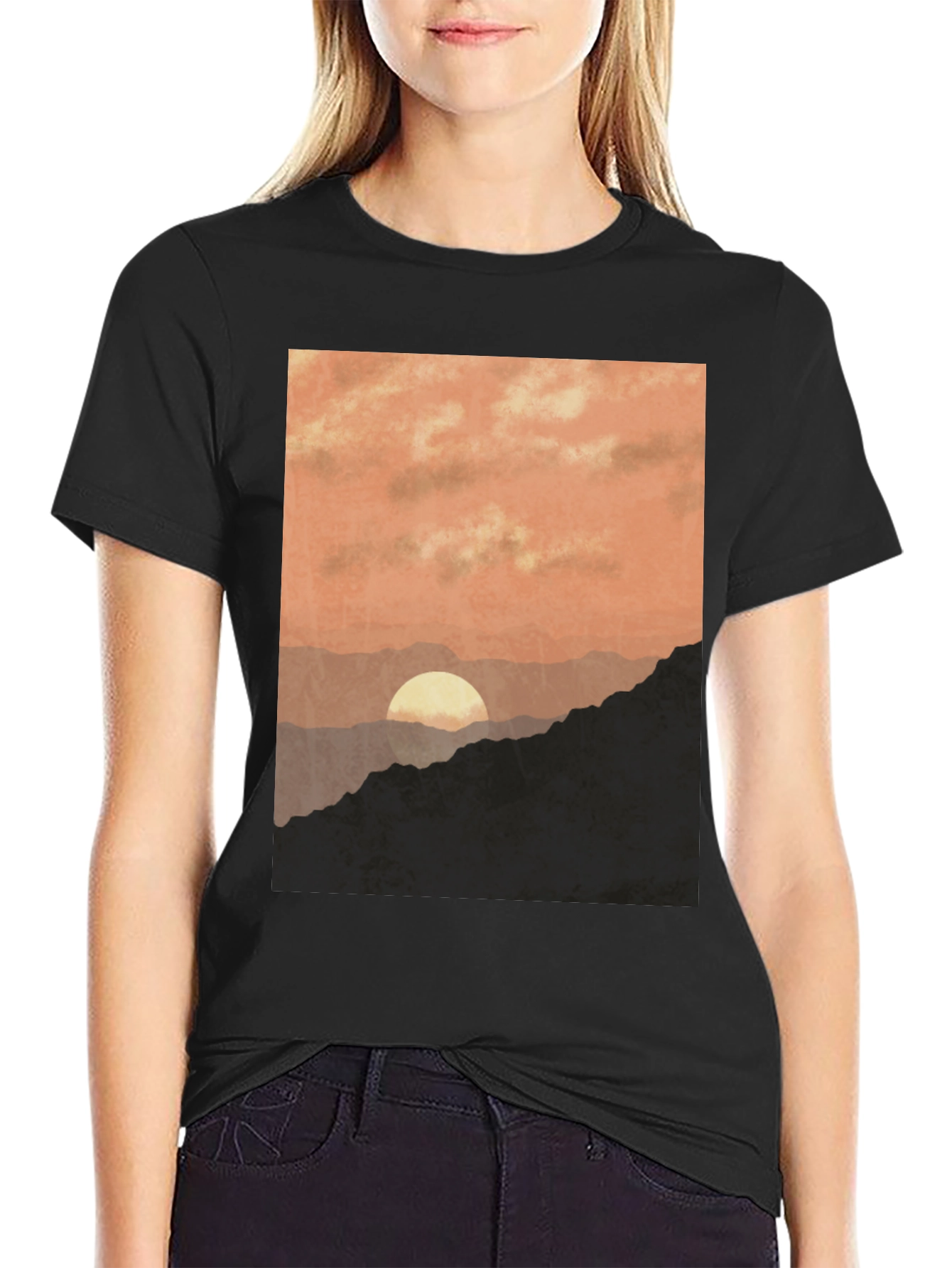 Black Sunset Mountain Graphic Tee - Stylish Black T-Shirt view 2