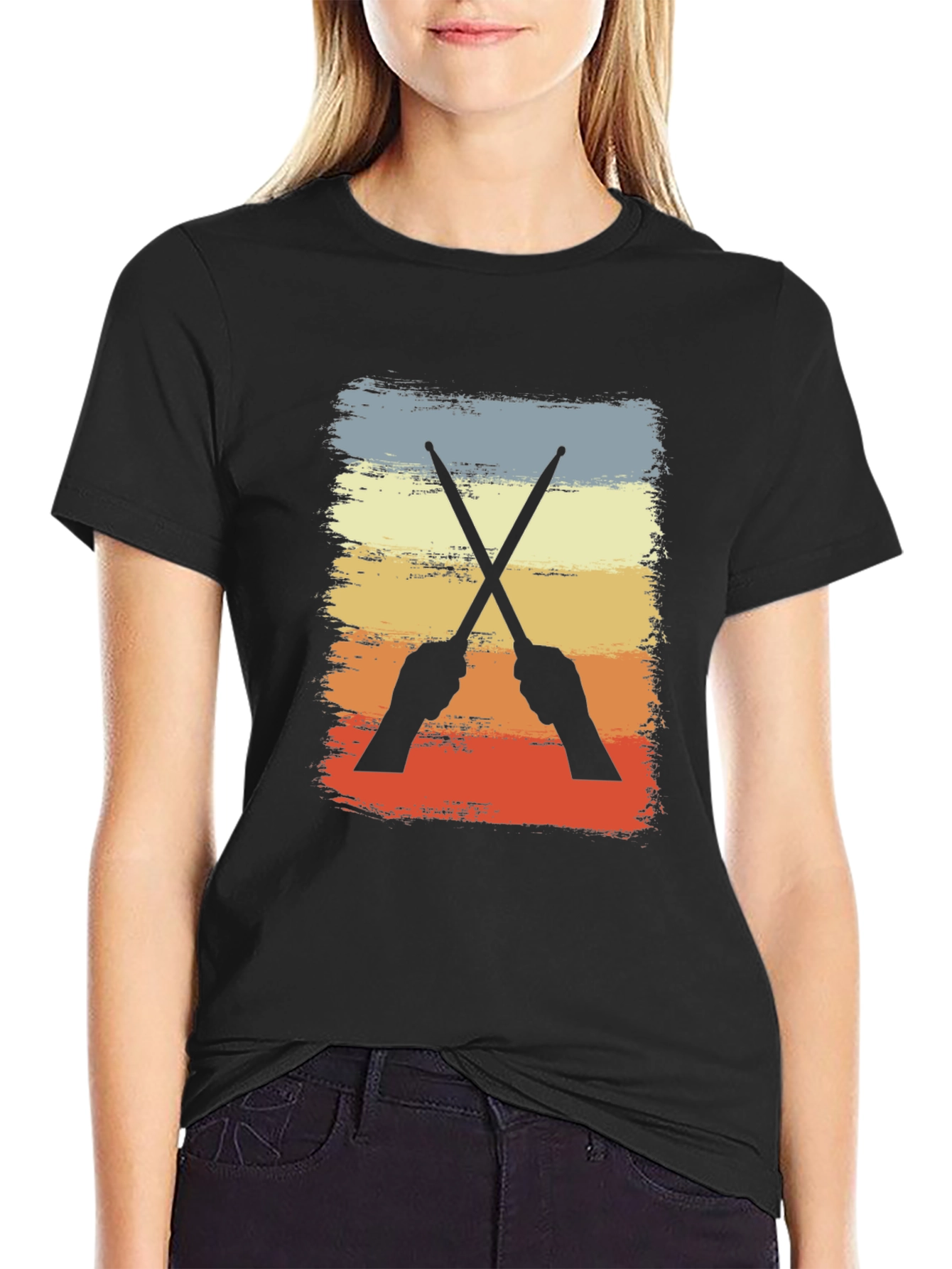 Black Retro Drummer T-Shirt - Crossed Sticks Design view 2