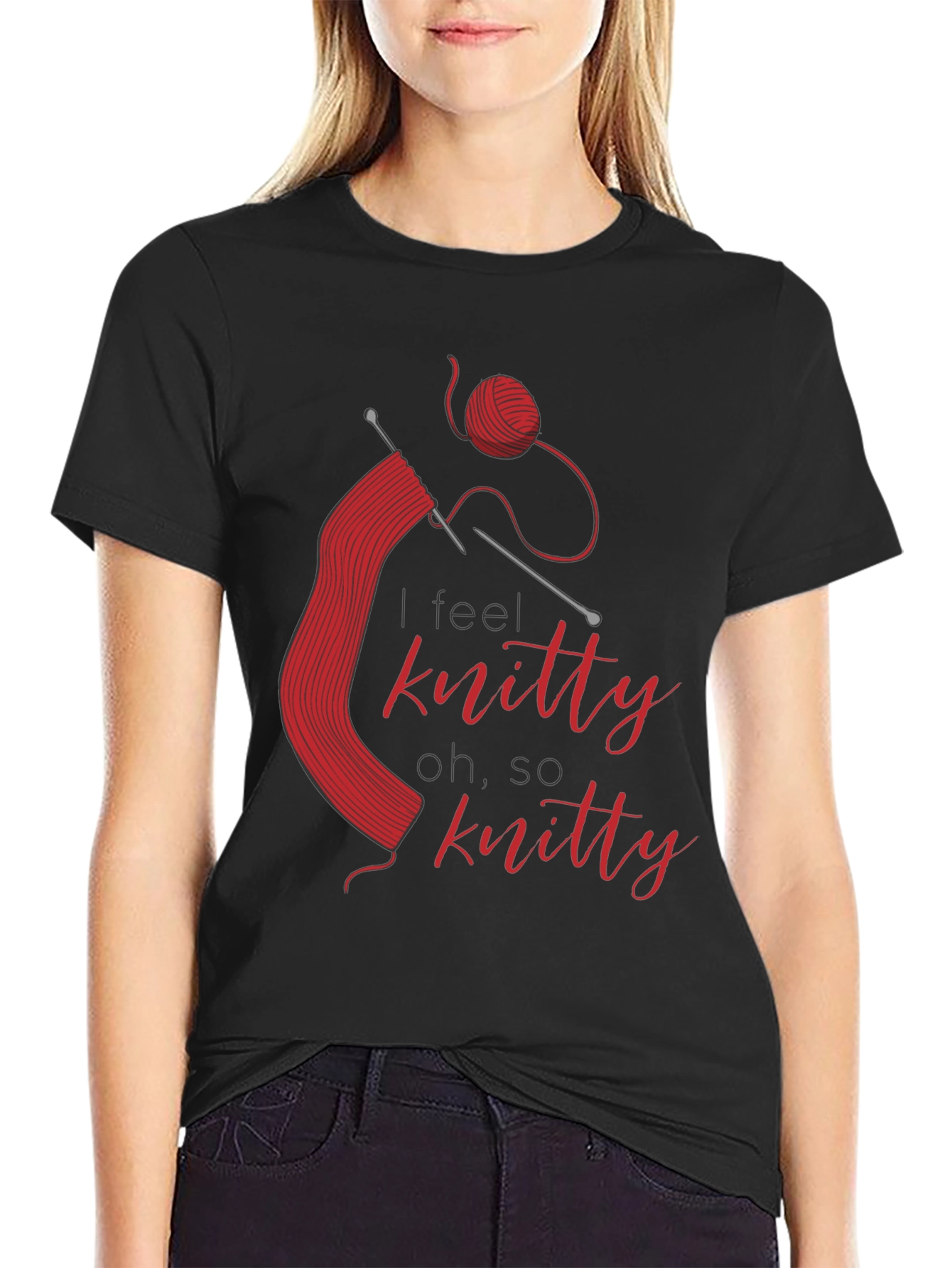 Black Knitty T-Shirt - Red Knitting Design view 2