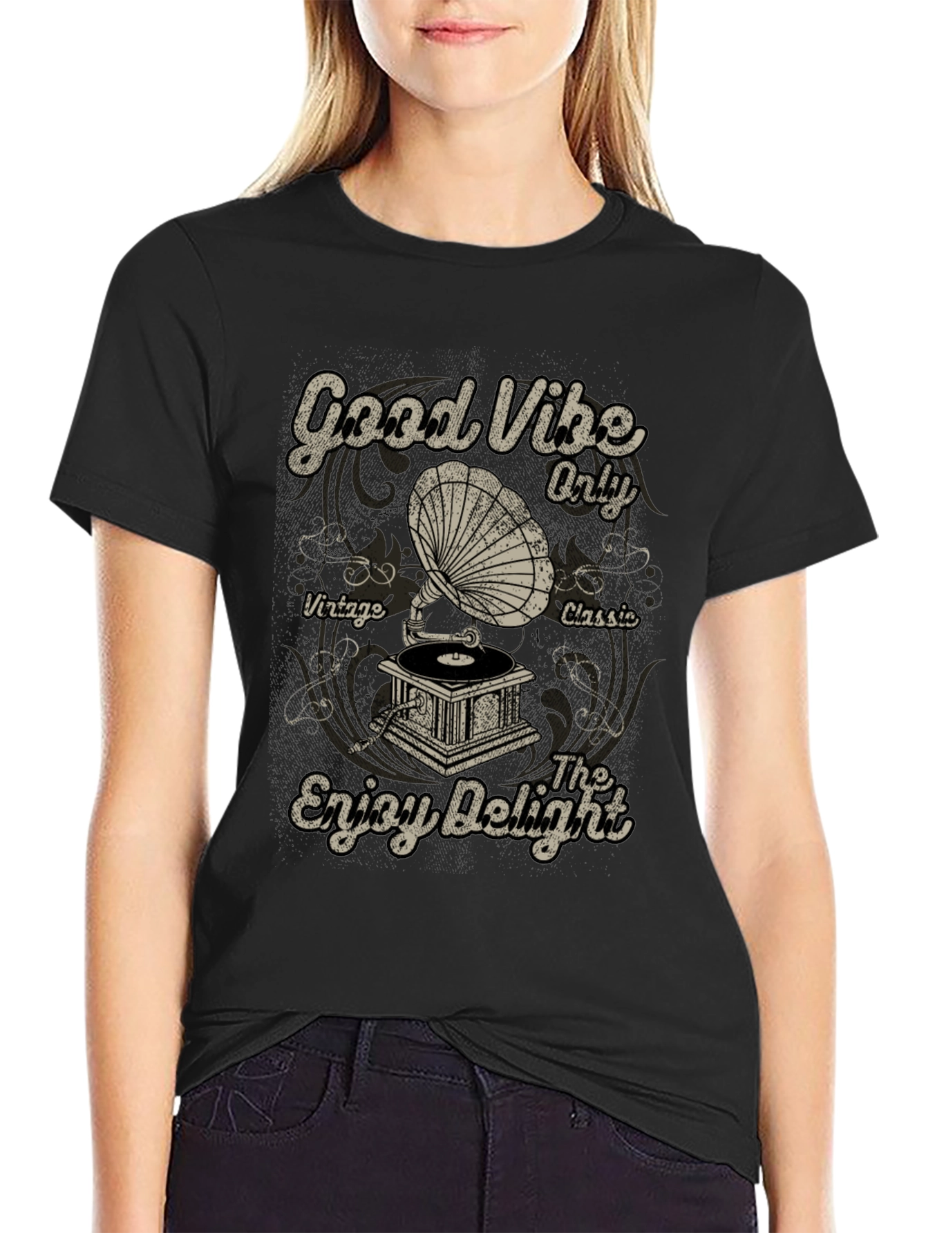 Black Good Vibes Vintage Gramophone Graphic T-Shirt view 2