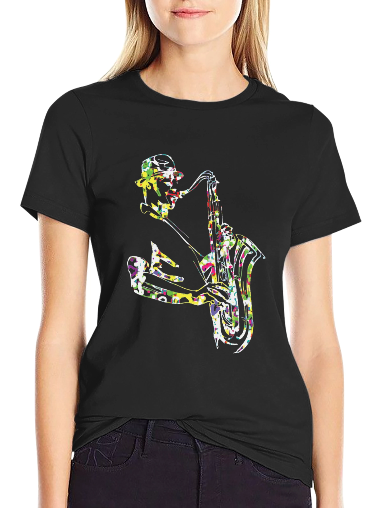 Black Colorful Saxophone Player Graphic Tee view 2