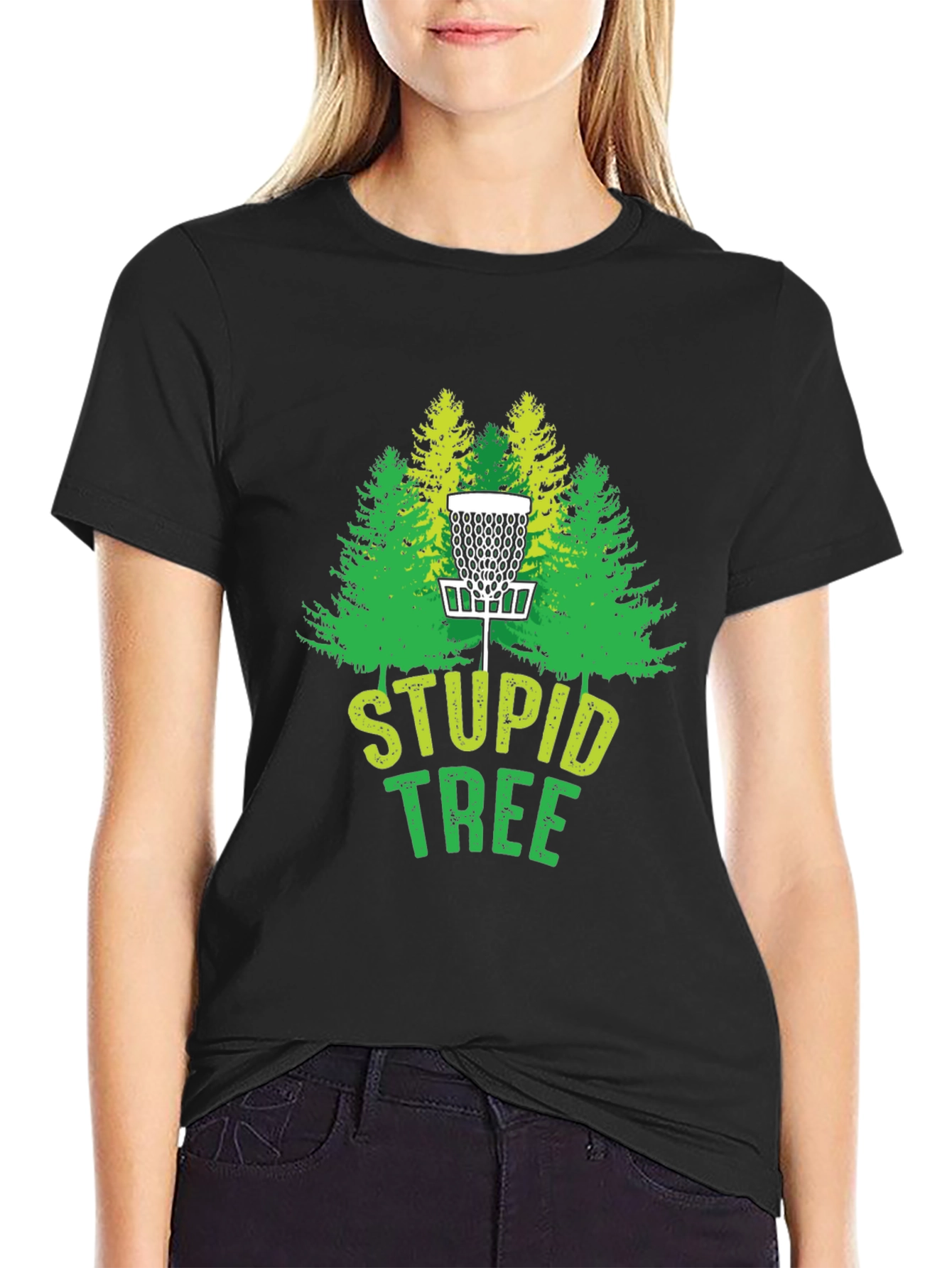 Black Stupid Tree Disc Golf T-Shirt - Funny Golfing Tee view 2