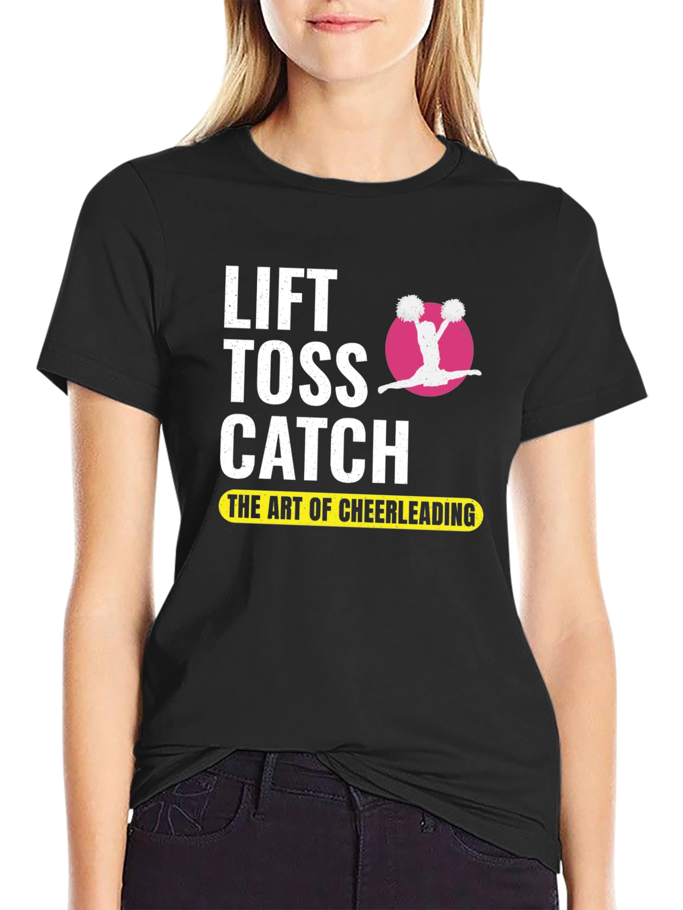 Black Cheerleading Lift Toss Catch Black T-Shirt view 2