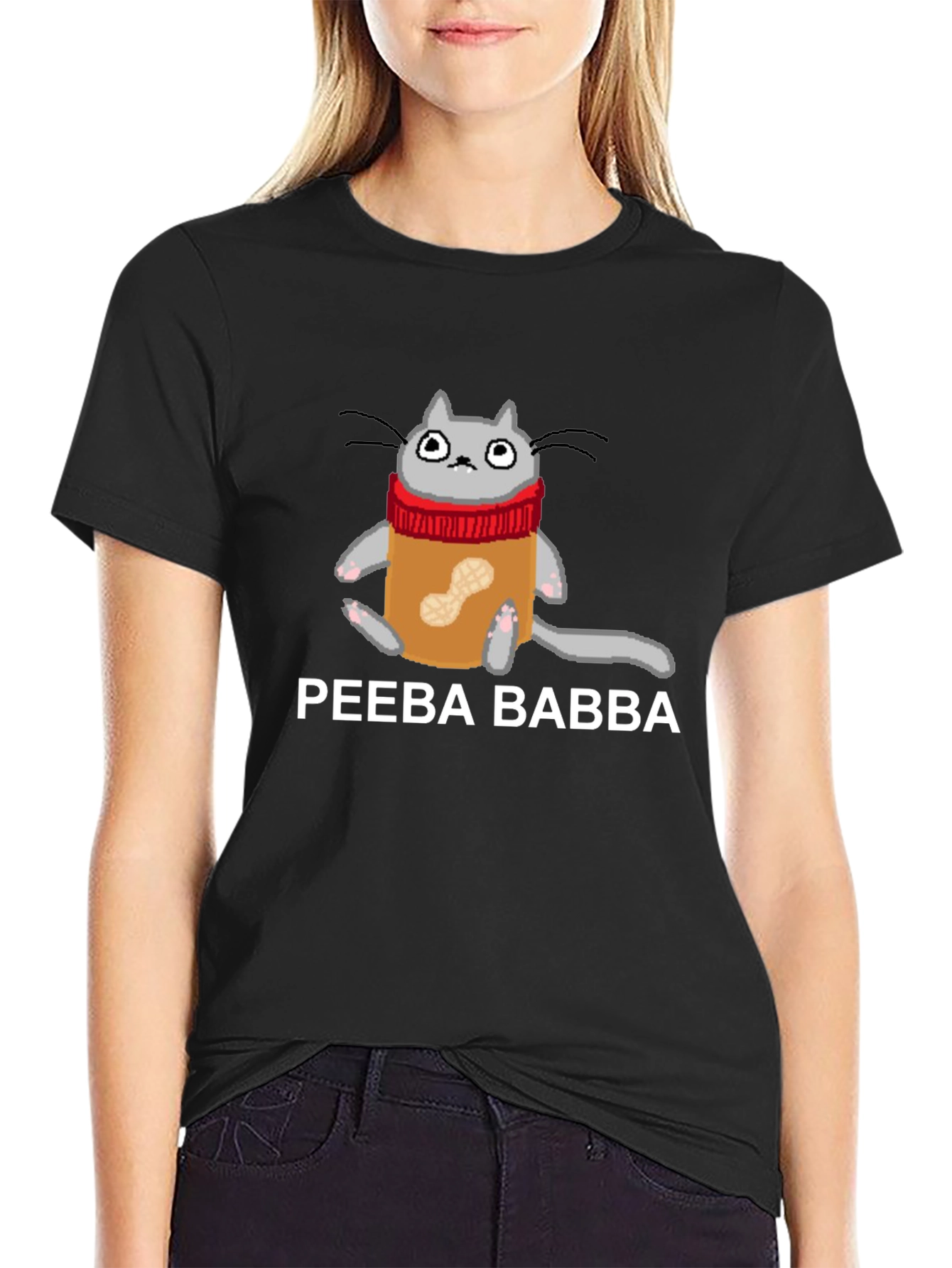 Black Peeba Babba Cat in Peanut Butter Jar T-Shirt view 2
