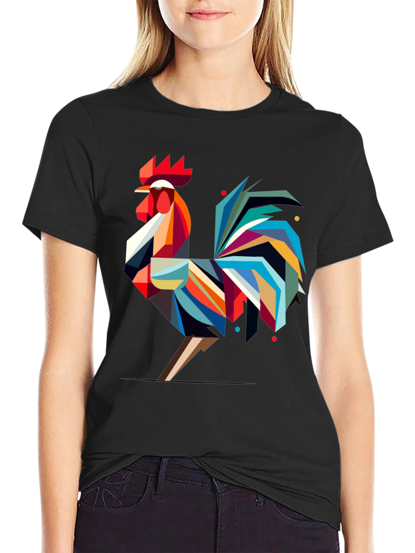Black Geometric Rooster Graphic Tee - Modern Art T-Shirt view 2