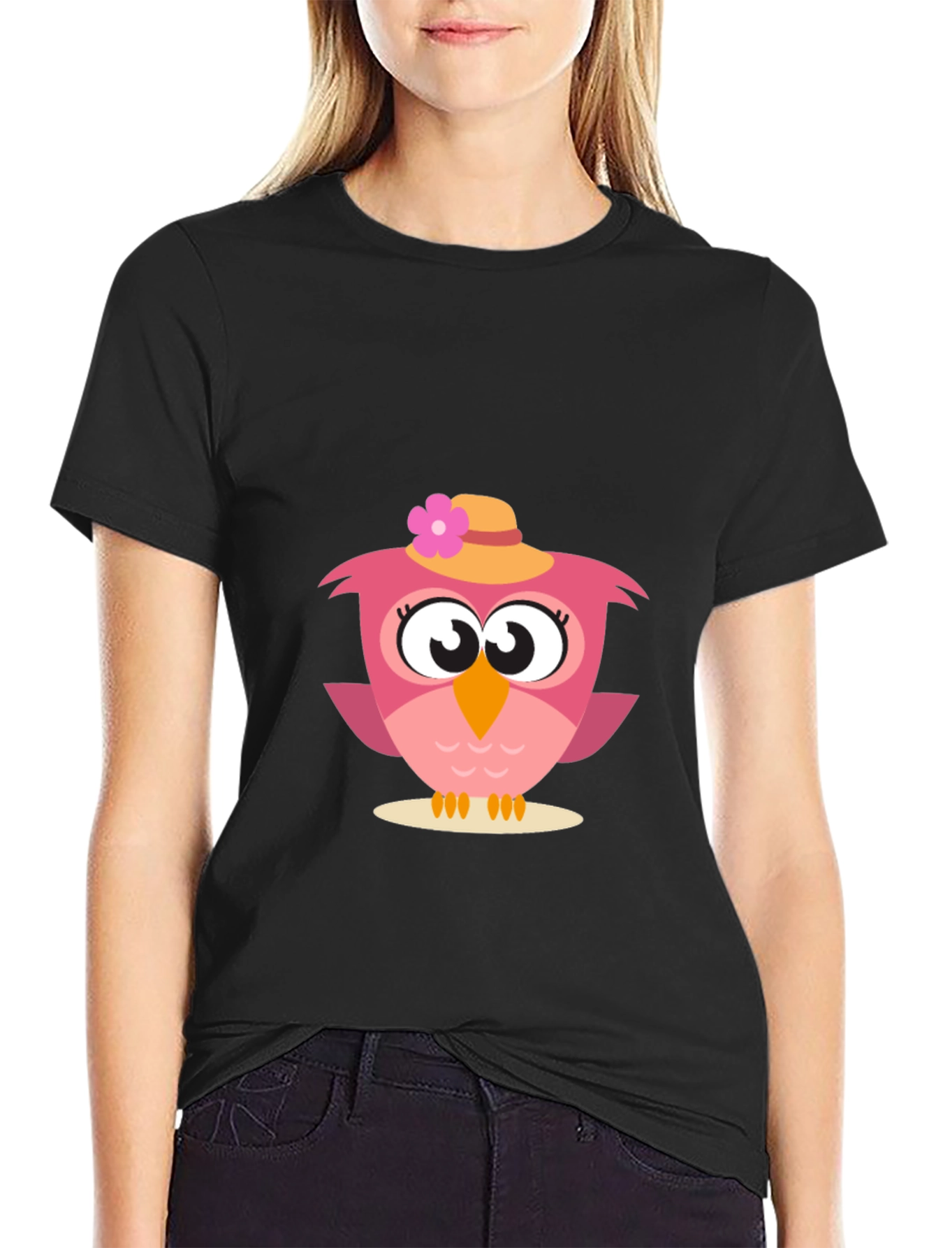 Black Cute Owl Graphic Tee - Whimsical Bird Design view 2