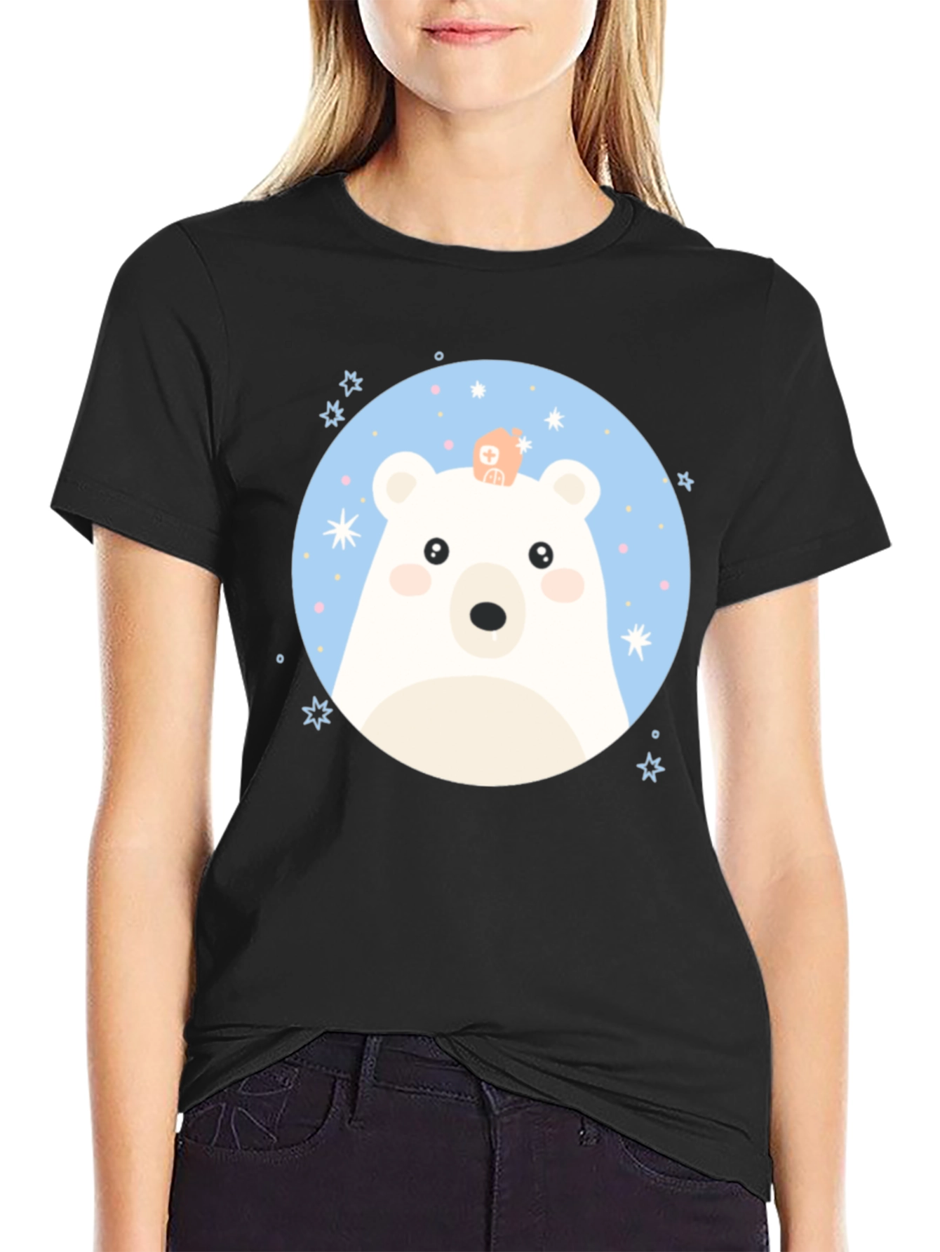 Black Cute Polar Bear Graphic Black T-Shirt view 2