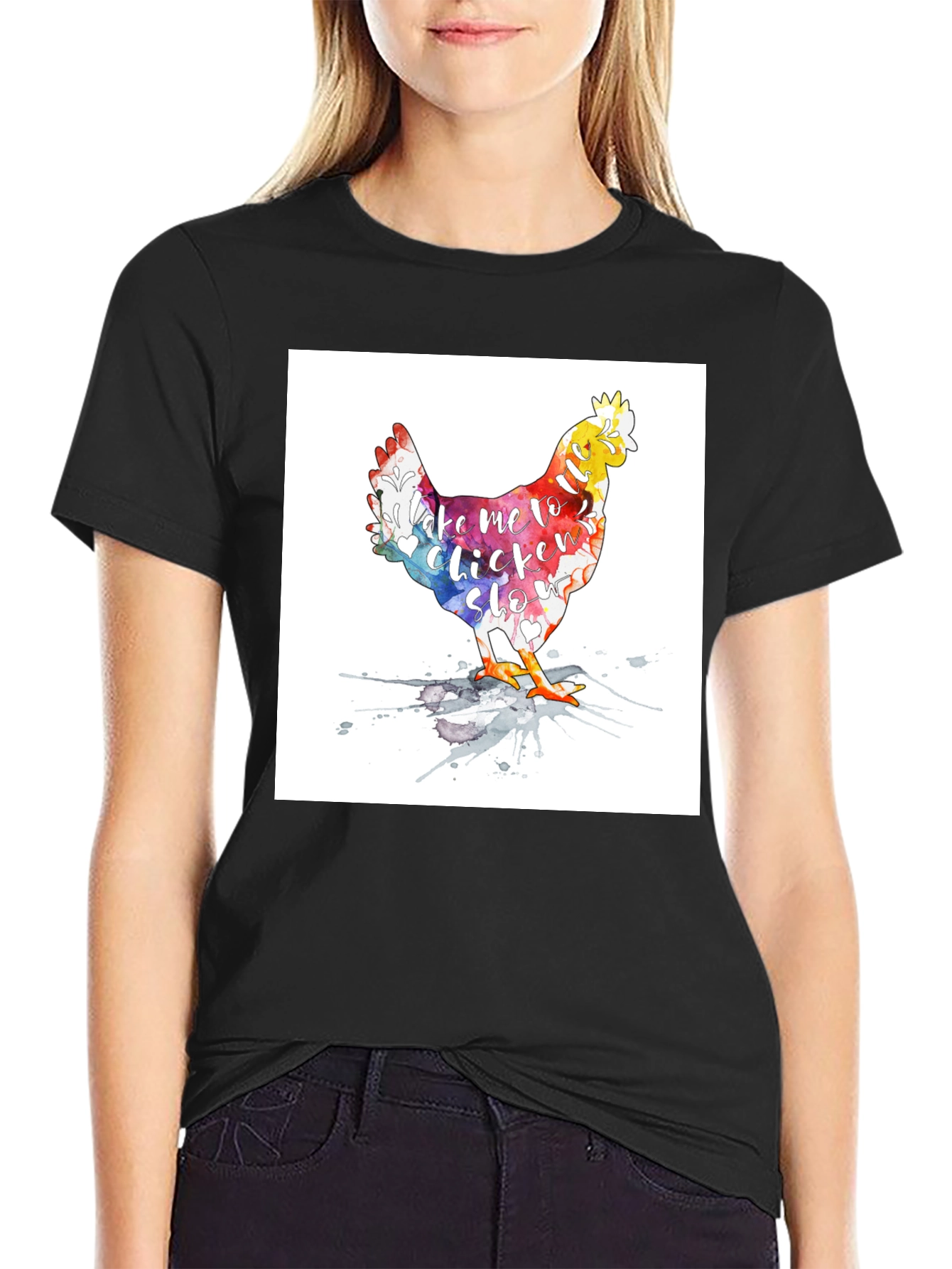 Black Watercolor Chicken T-Shirt - Take me to Chicken Slo view 2