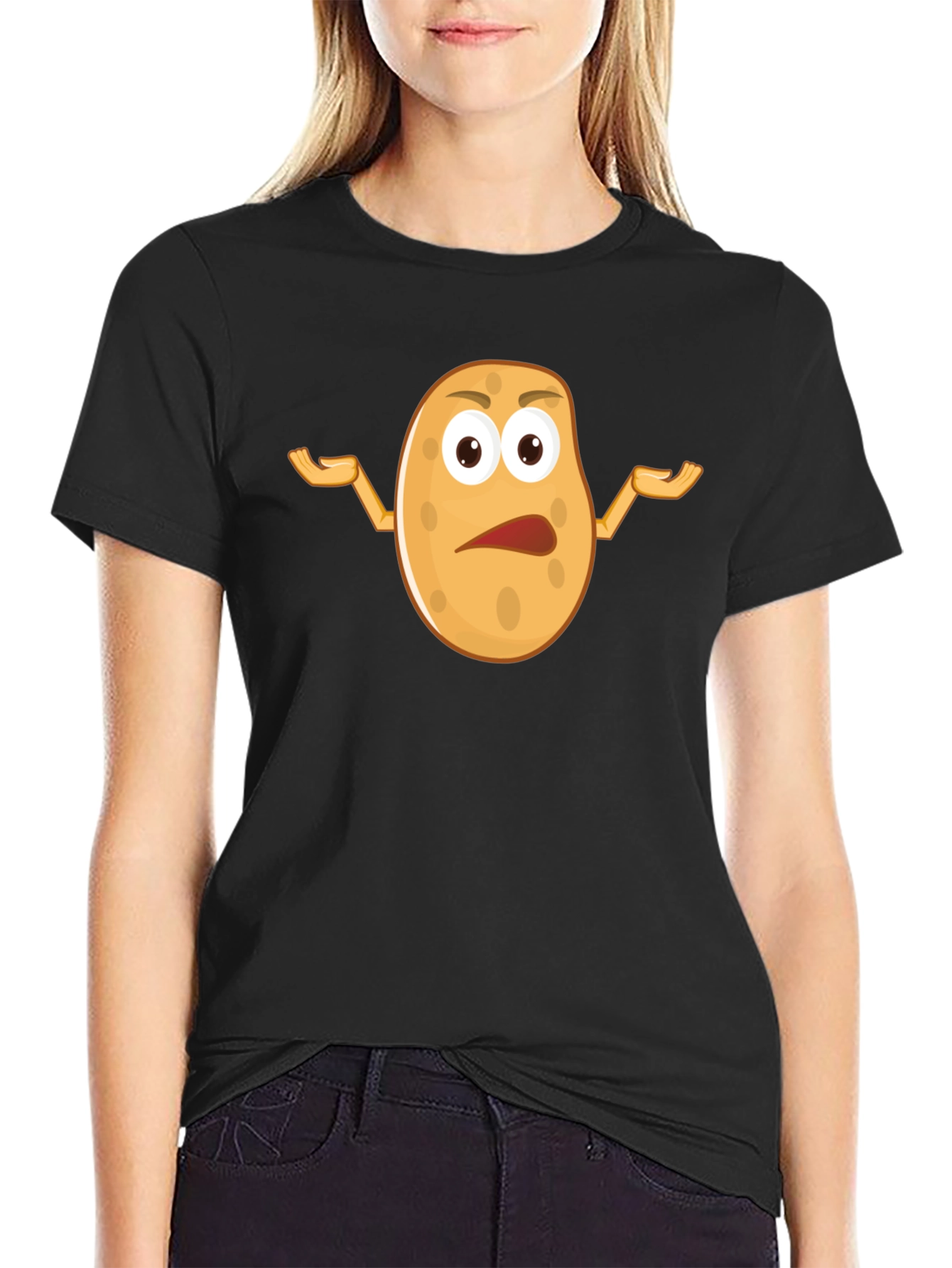 Black Funny Potato Cartoon Graphic T-Shirt - Unisex Black Tee view 2