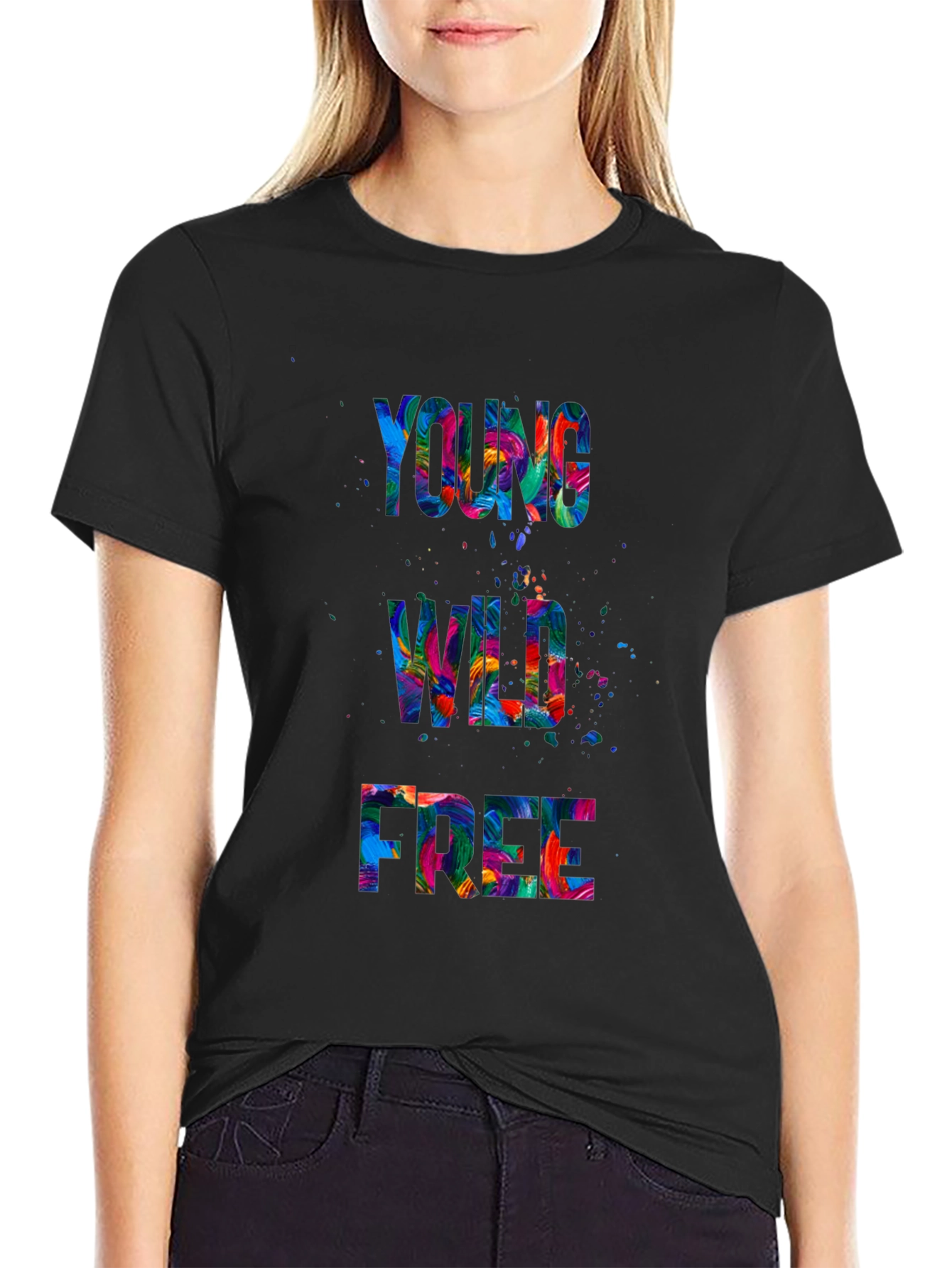 Black Young Wild Free Graphic Print T-Shirt view 2