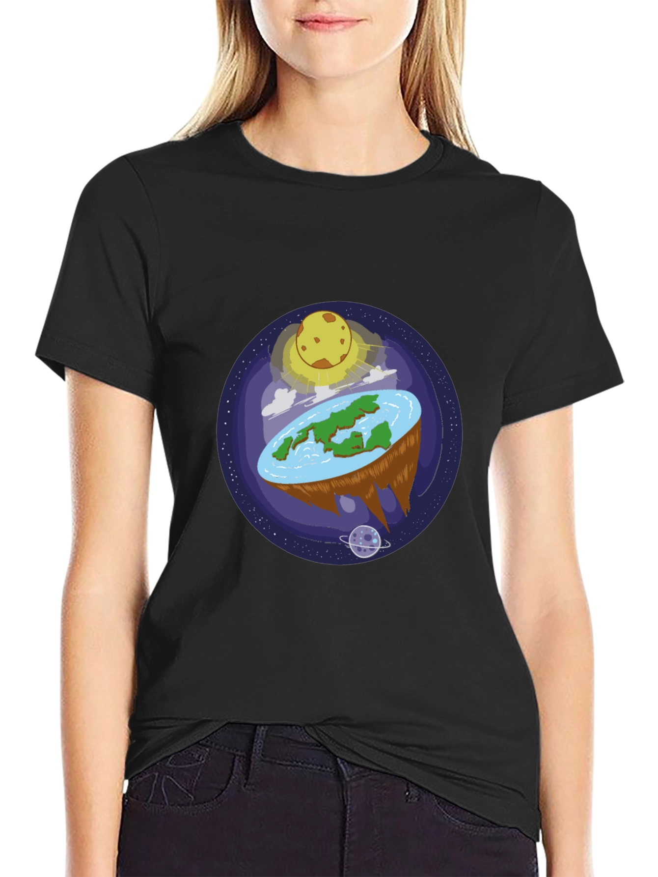 Black Flat Earth Graphic Tee - Black Cotton Shirt view 2