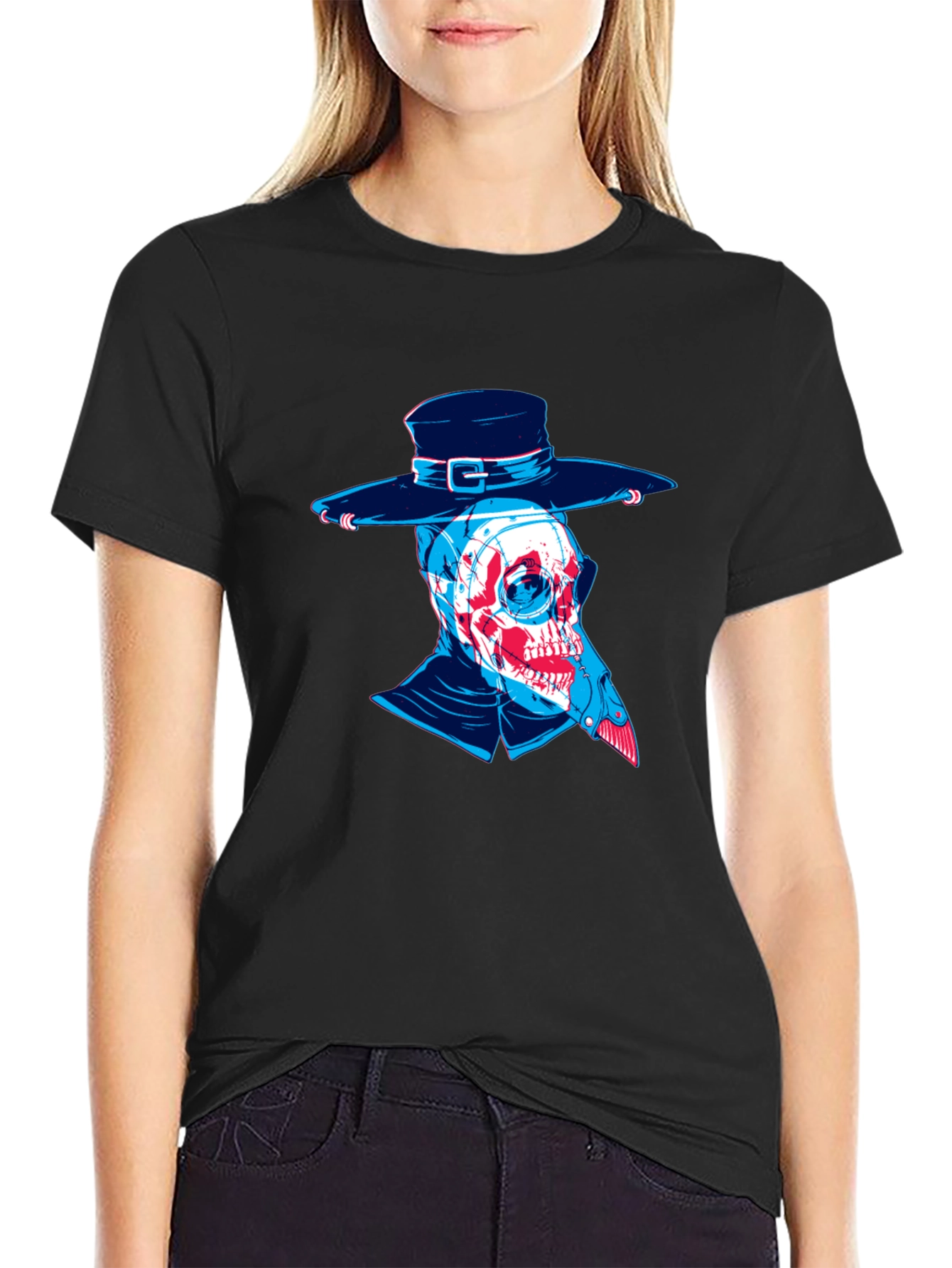 Black Plague Doctor Skull Graphic Tee - Unique Design view 2