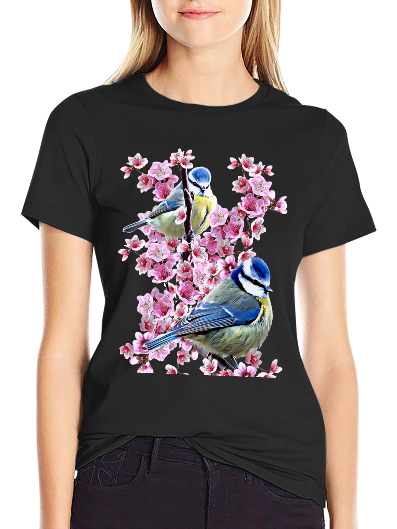 Black Blue Tit Bird & Cherry Blossom Graphic Tee view 2