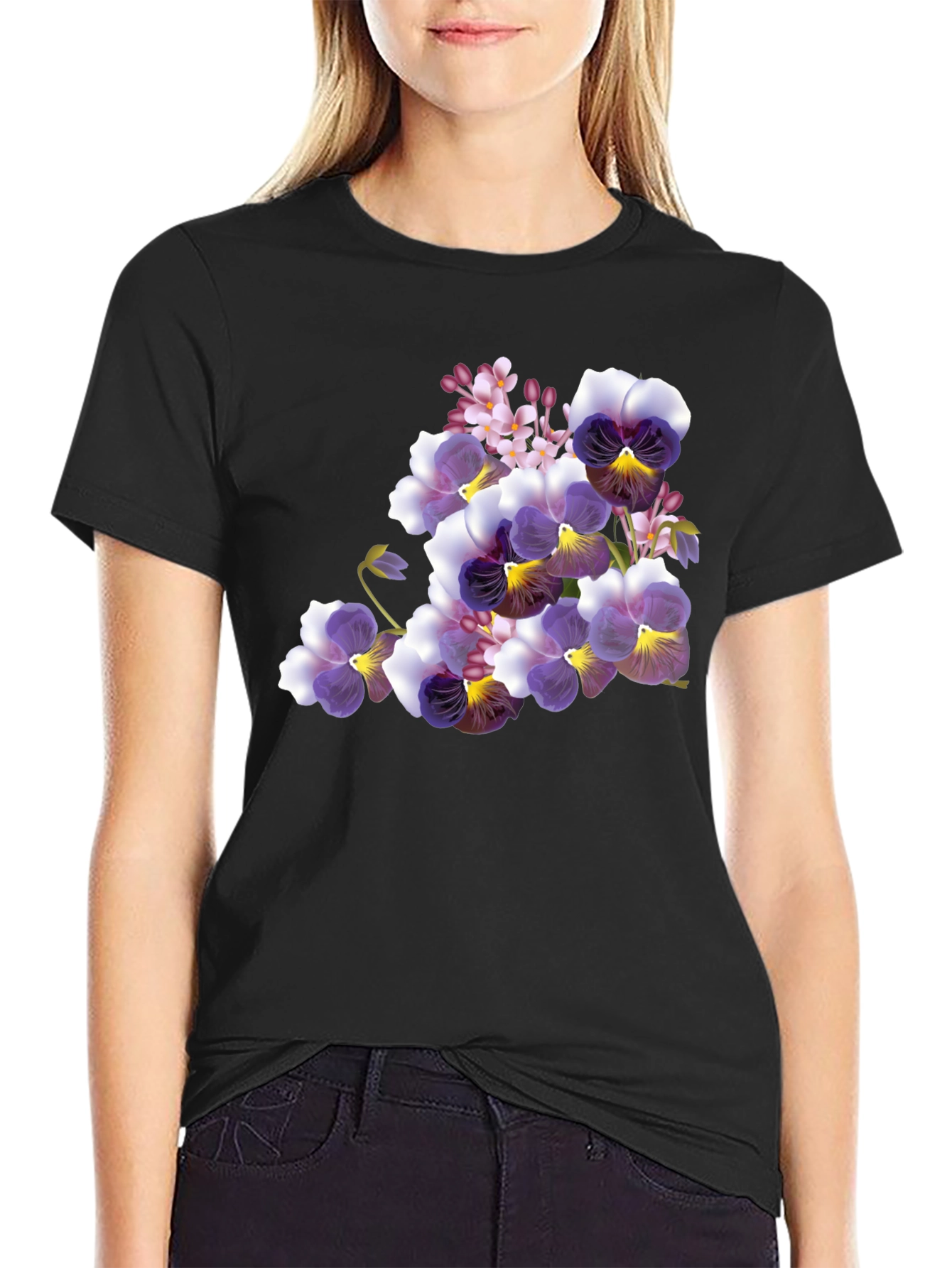 Black Floral Pansy Print Black T-Shirt view 2
