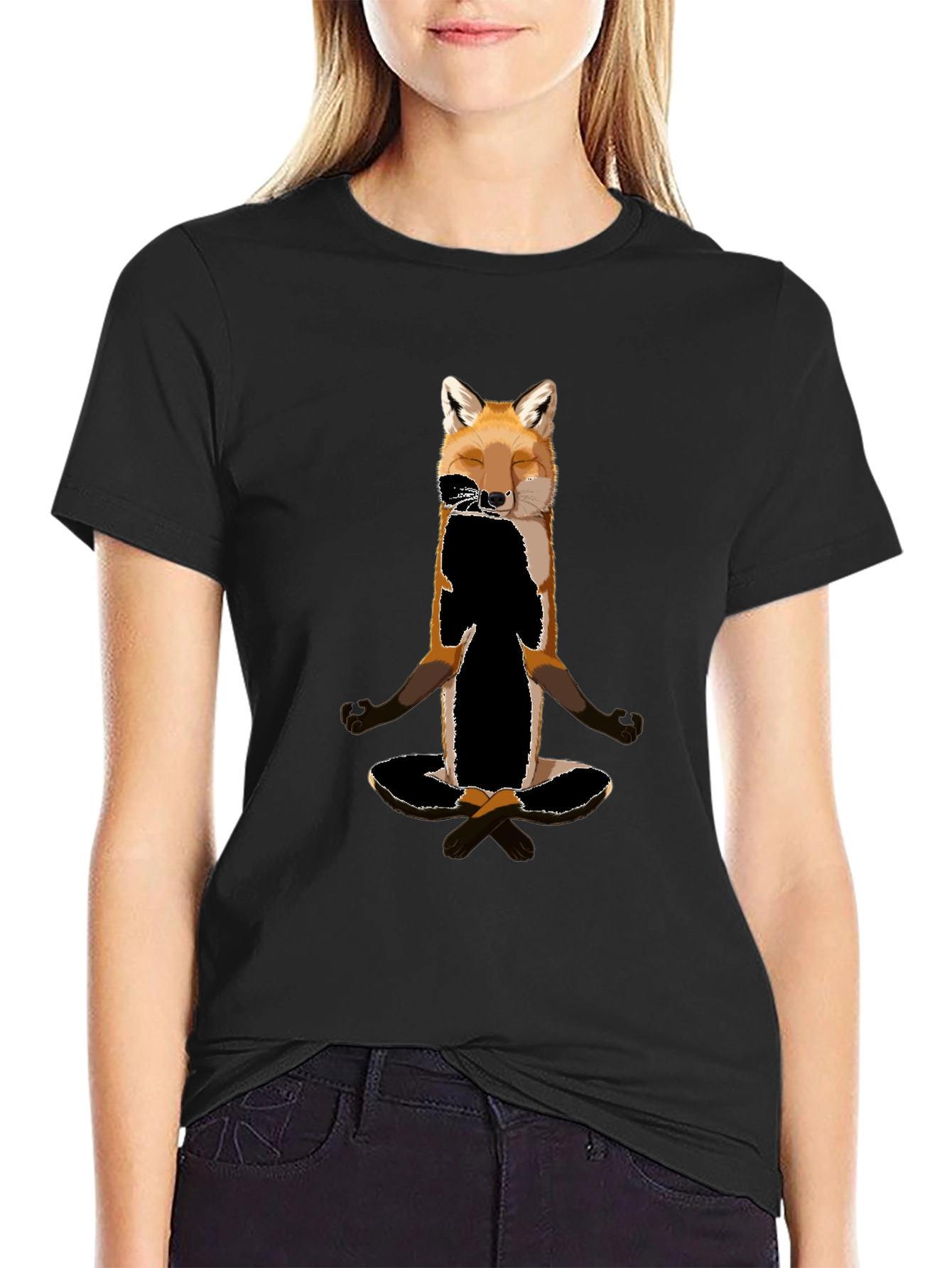 Black Zen Fox T-Shirt - Meditating Animal Graphic Tee view 2