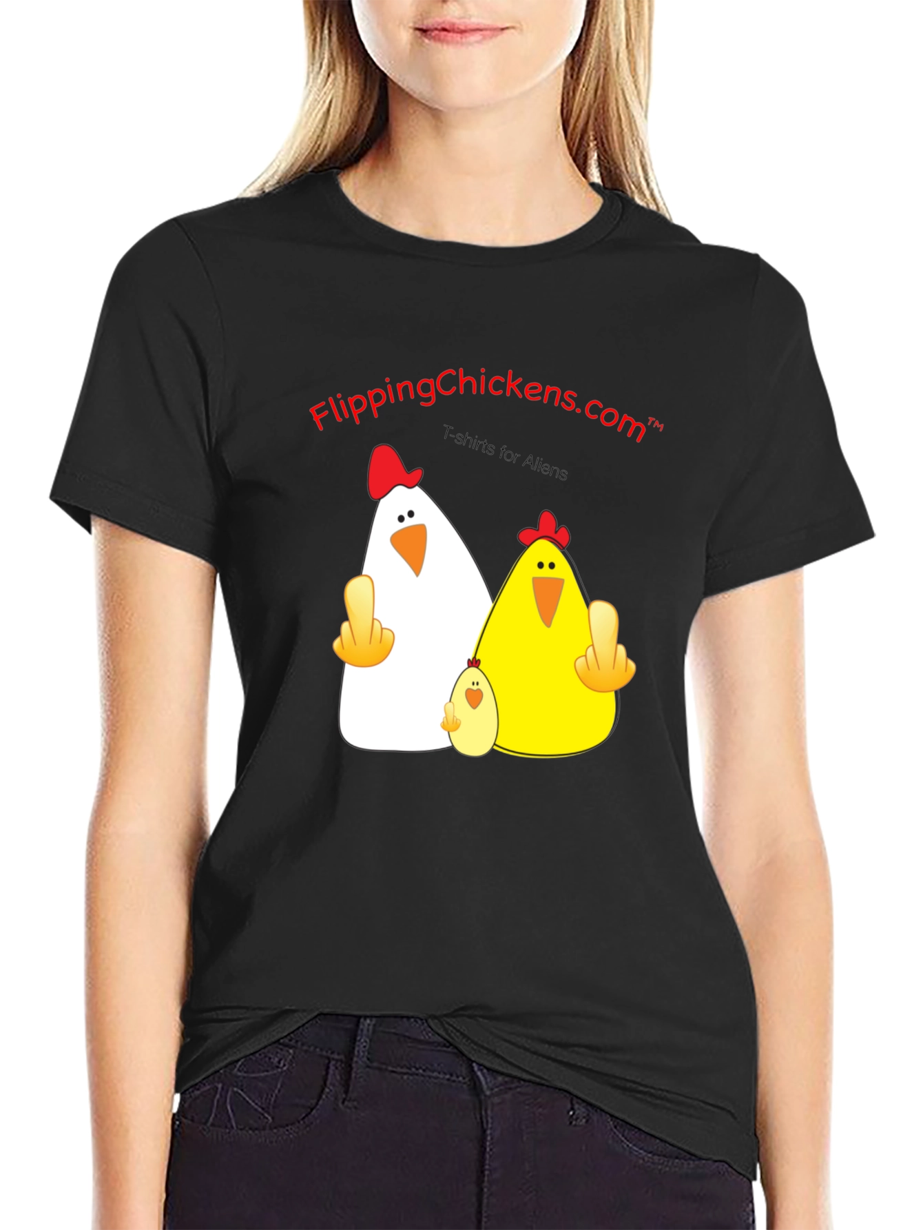Black Flipping Chickens T-Shirt Funny Alien Design view 2