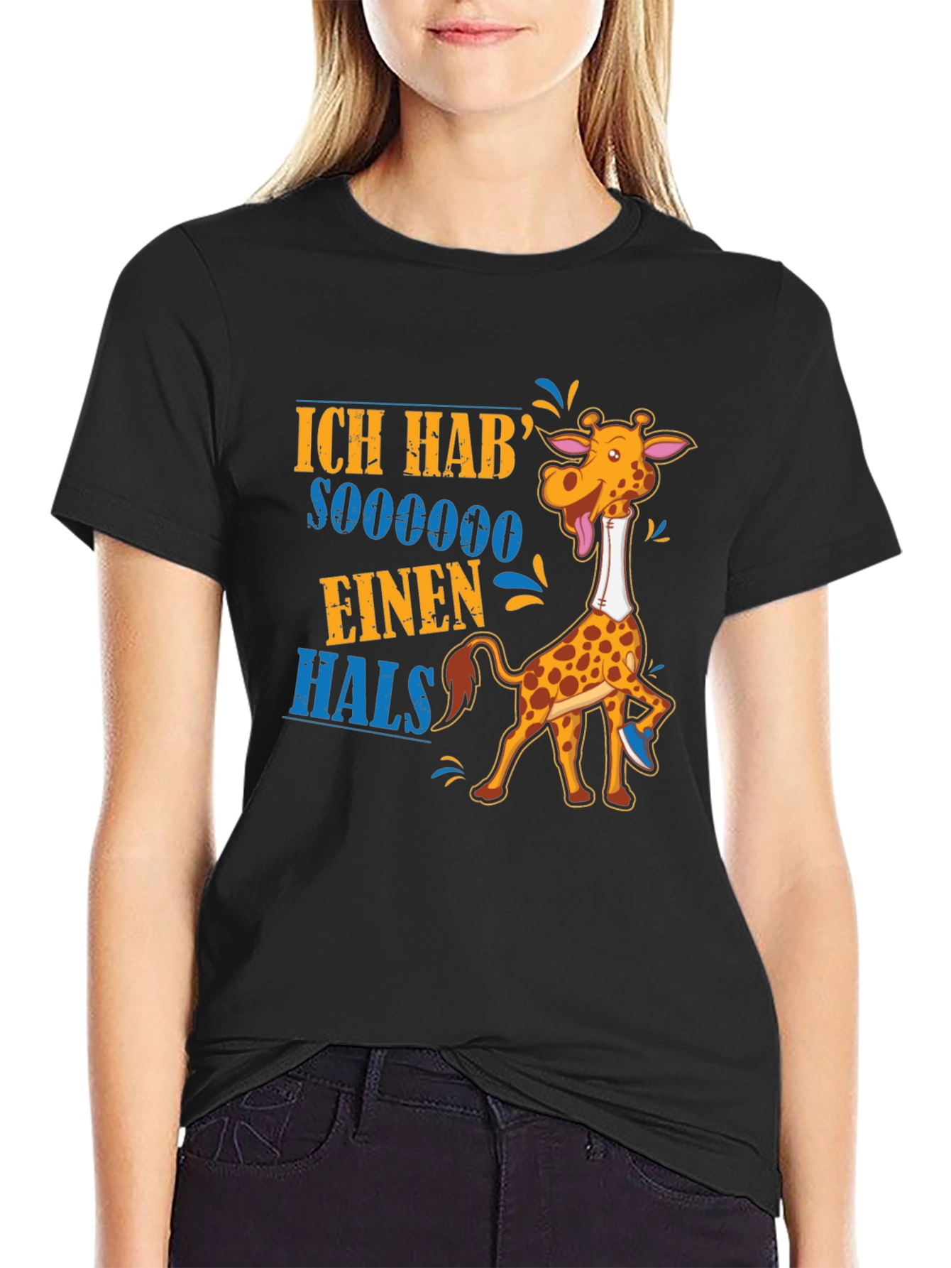 Black Funny Giraffe 'Ich Hab' Sooooooo Einen Hals' T-Shirt view 2