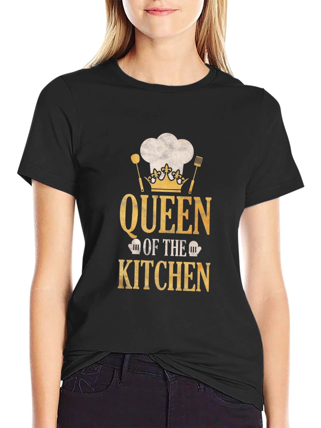 Black Queen of the Kitchen T-Shirt - Chef Hat Design view 2