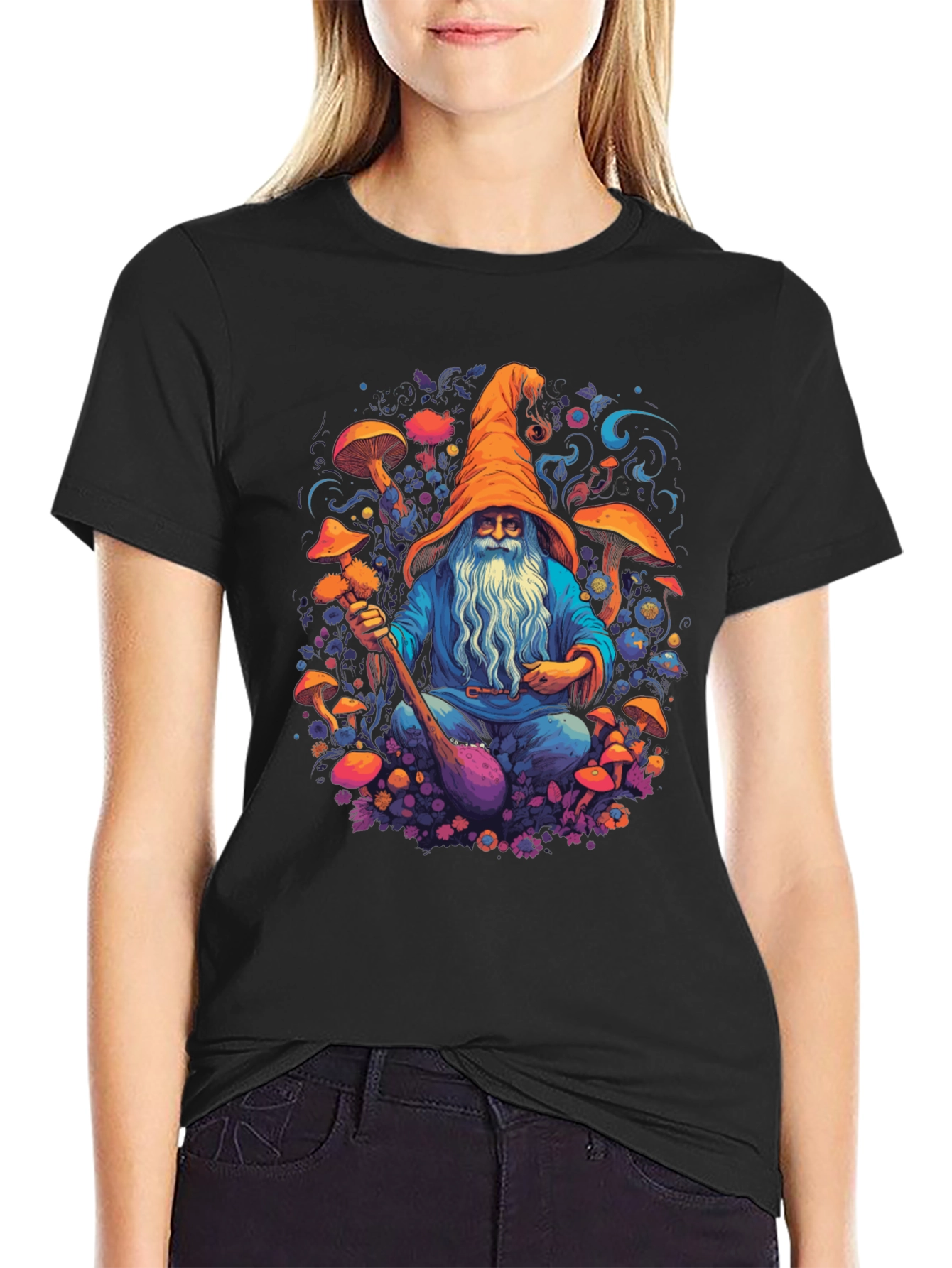 Black Wizard Mushroom Black T-Shirt view 2