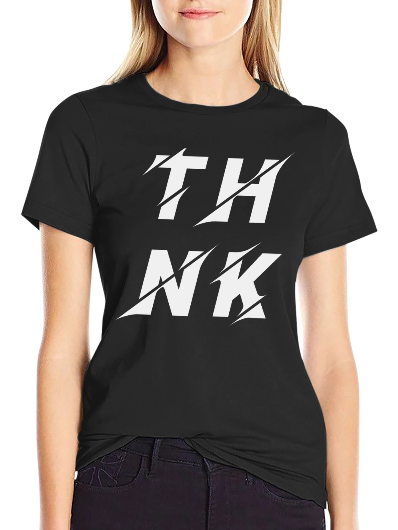 Black Edgy THINK Graphic Black T-Shirt - Unique Cutout Design view 2