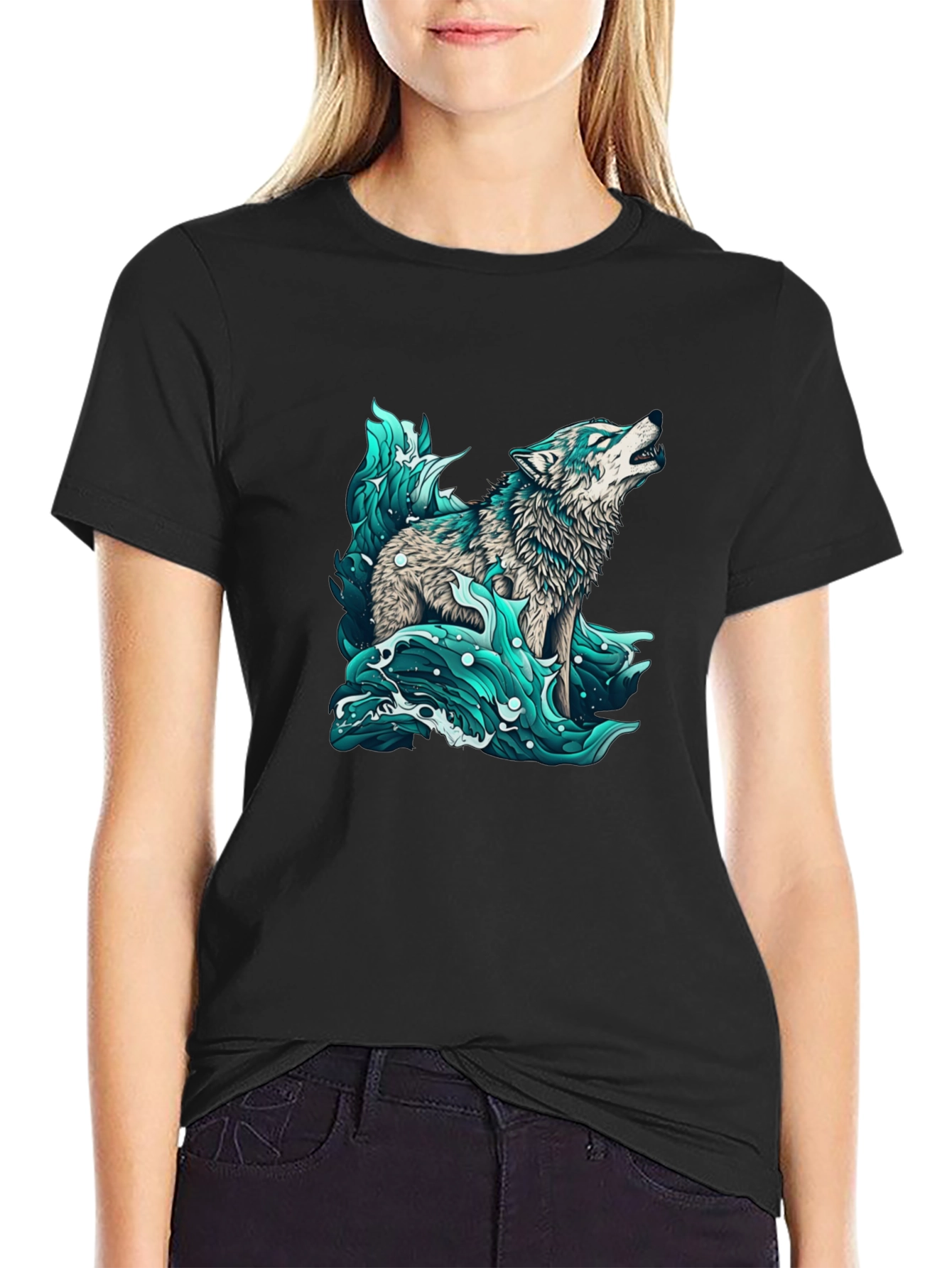 Black Wolf in Water Graphic Black T-Shirt view 2