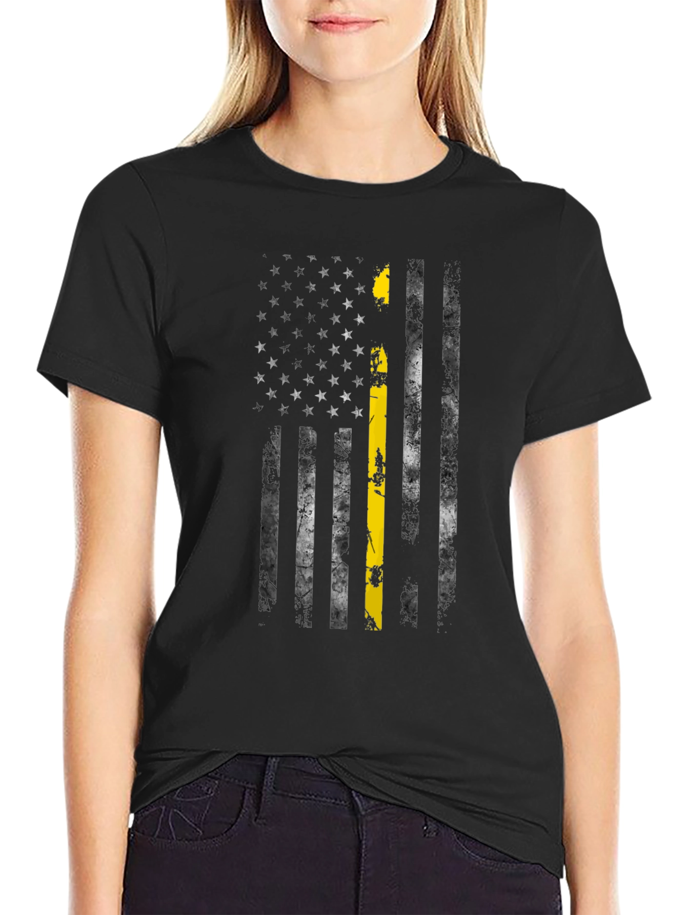 Black Distressed American Flag Thin Yellow Line T-Shirt view 2