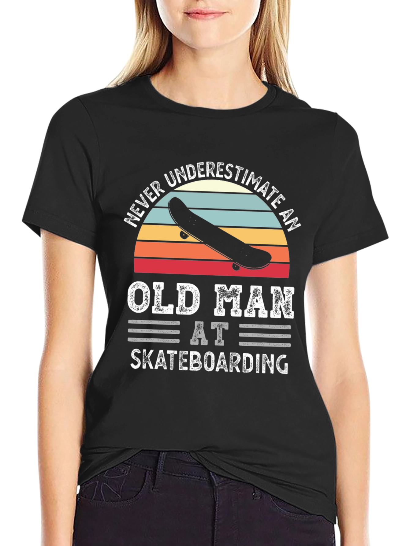 Black Never Underestimate Old Man Skateboarding Graphic Tee view 2