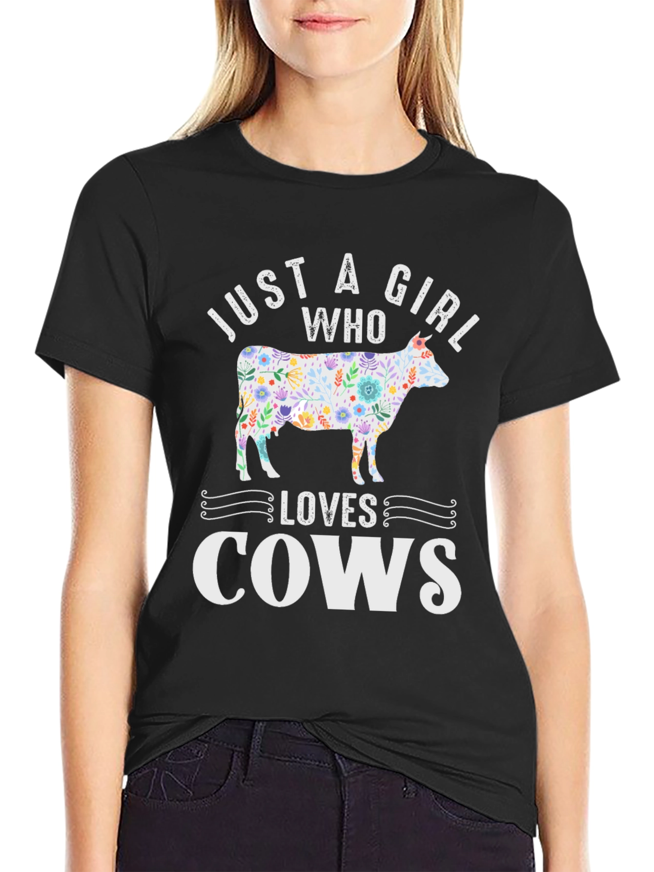 Black Floral Cow Lover T-Shirt: Just a Girl Who Loves Cows view 2
