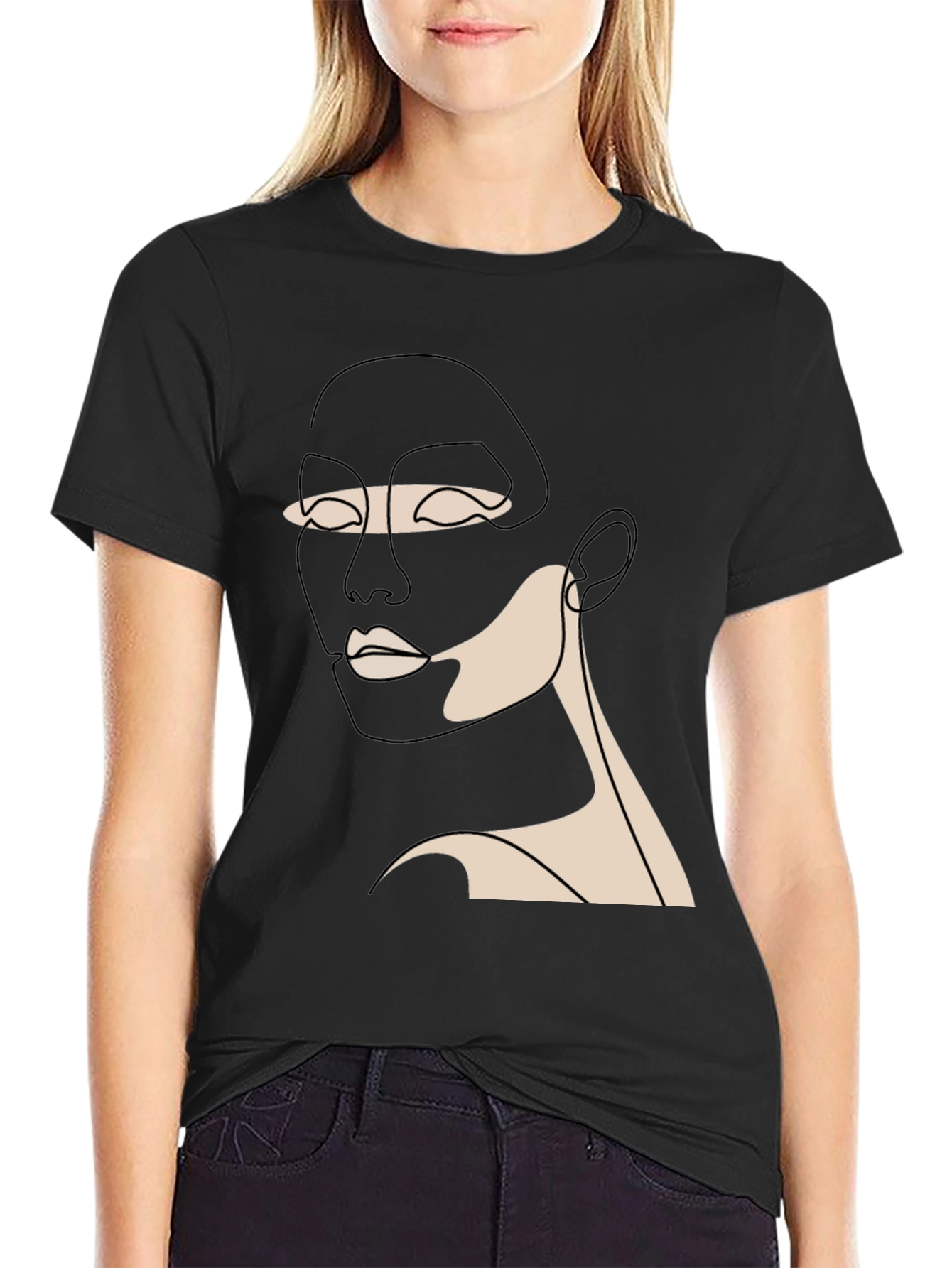 Black Minimalist Face Line Art Black T-Shirt view 2