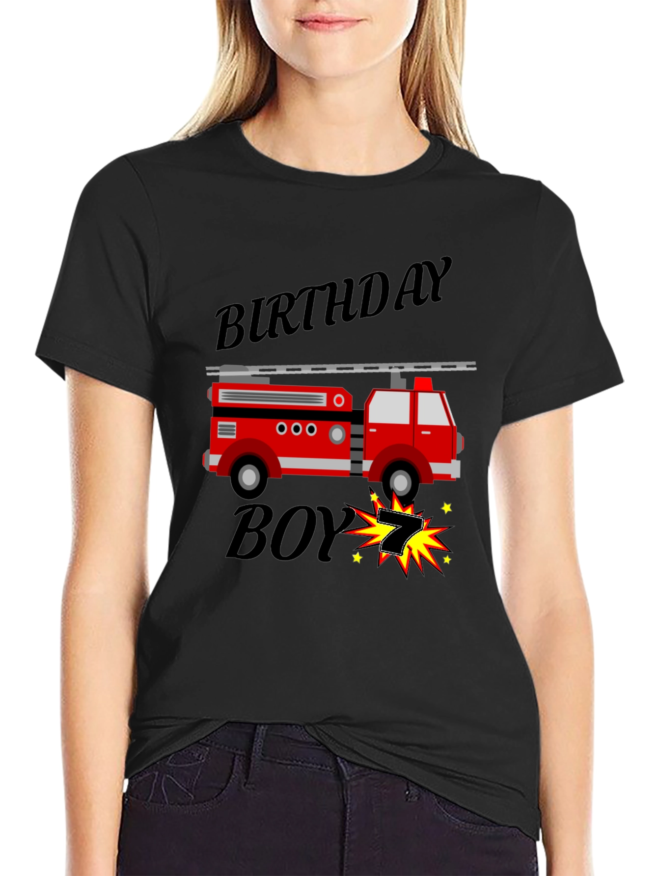 Black Birthday Boy Firetruck T-Shirt view 2
