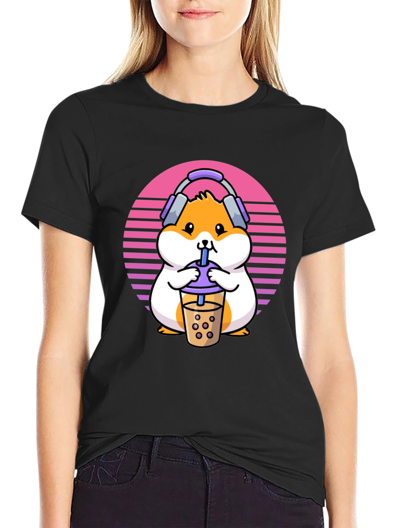 Black Hamster Bubble Tea T-Shirt - Cute Kawaii Design view 2