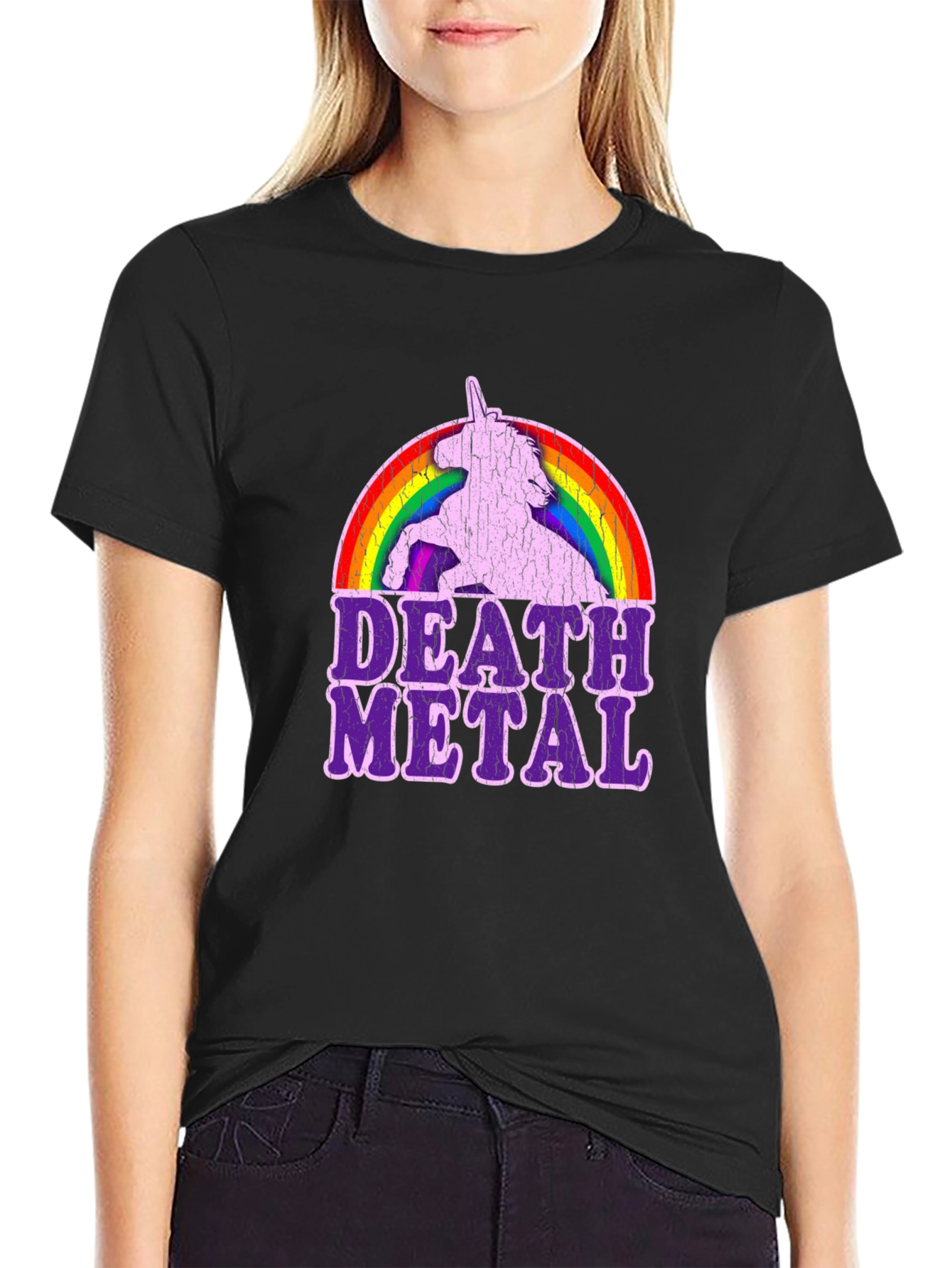 Black Death Metal Unicorn Rainbow T-Shirt view 2