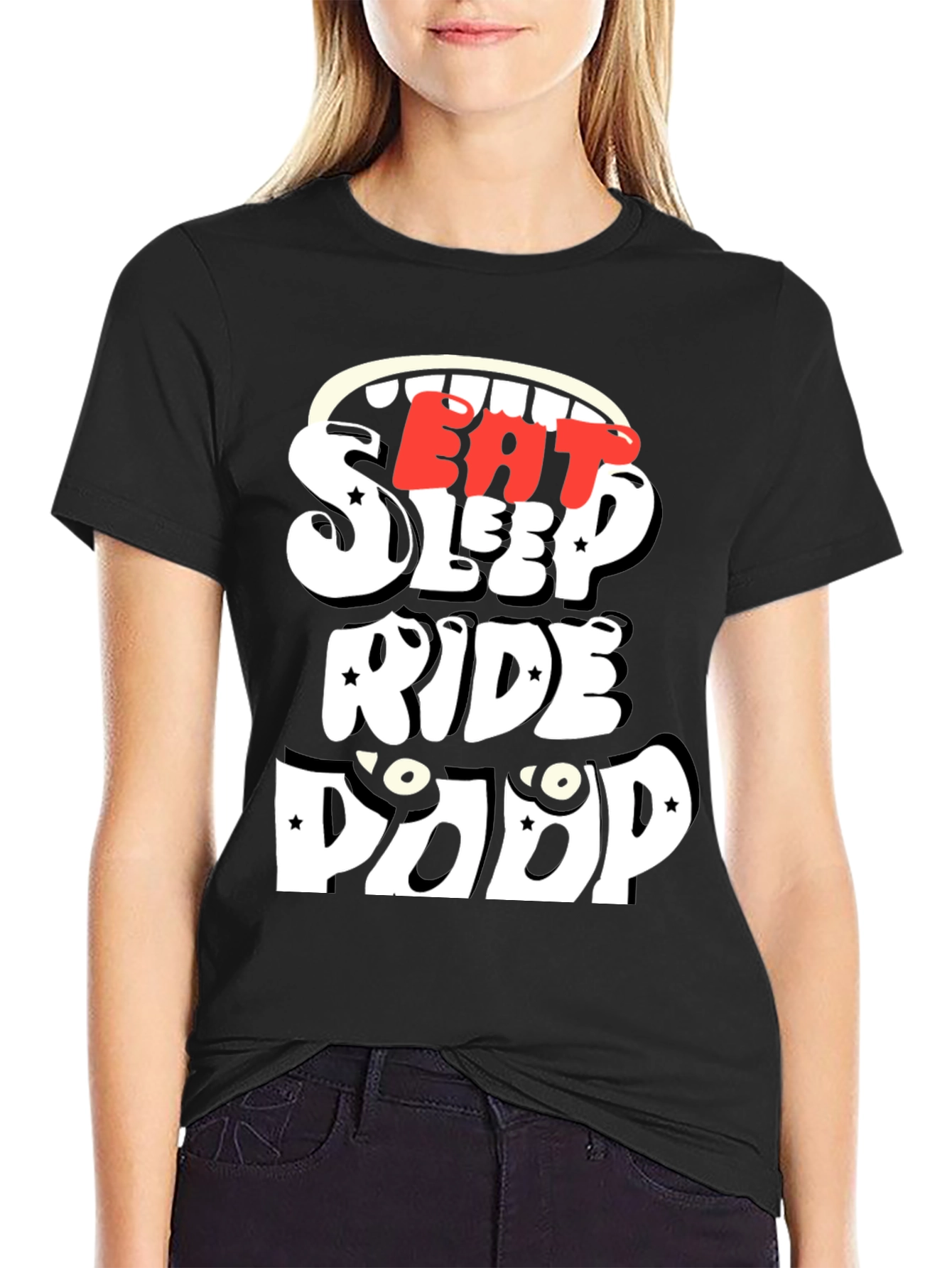 Black Eat Sleep Ride Poop Funny T-Shirt view 2