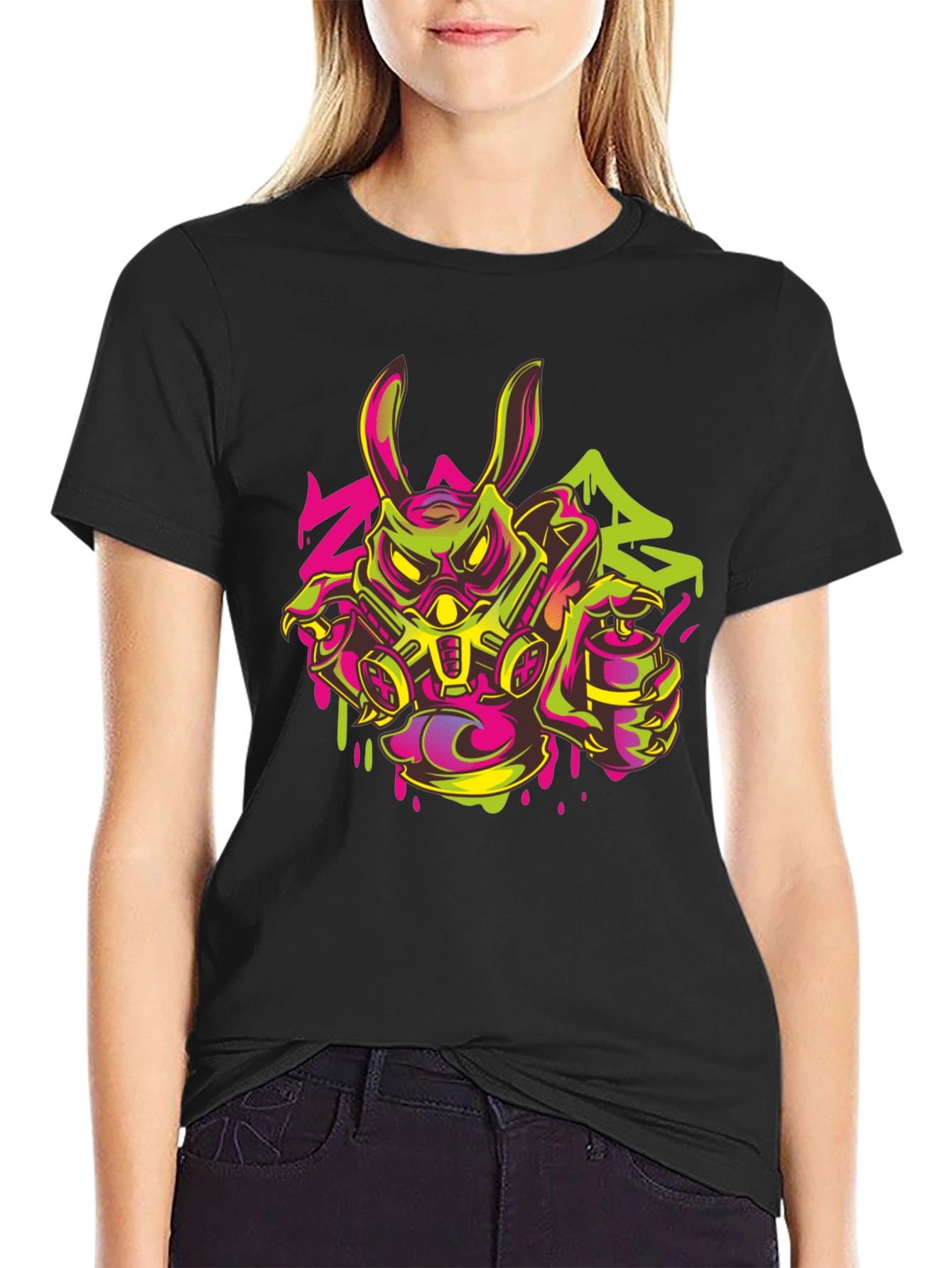 Black Cyberpunk Rabbit Graffiti T-Shirt view 2