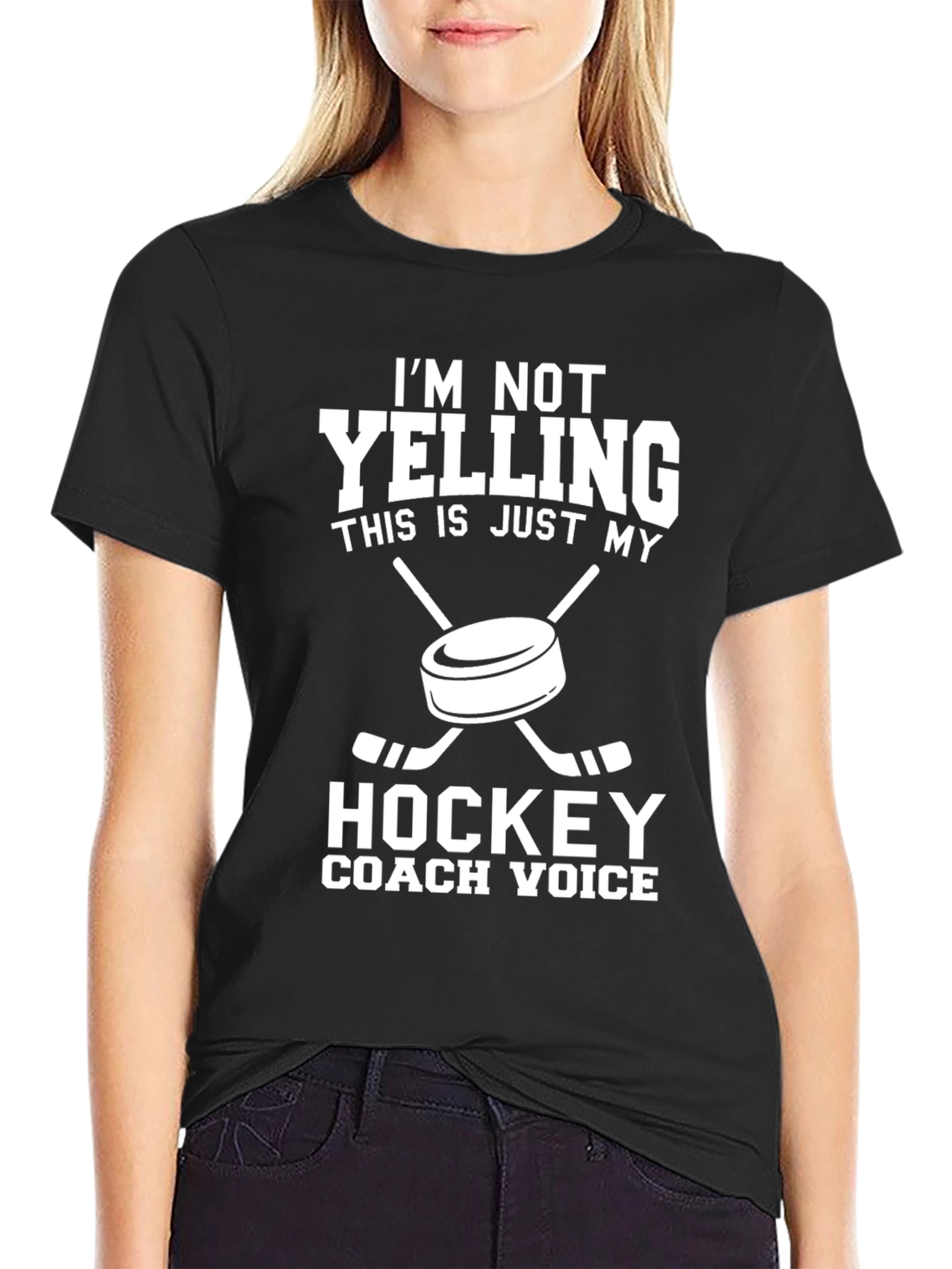Black Hockey Coach T-Shirt: I'm Not Yelling view 2
