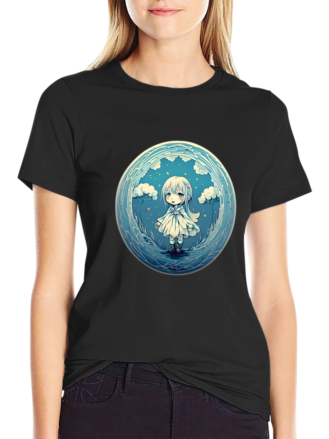 Black Anime Girl Graphic Tee - Stylish Black Cotton T-Shirt view 2