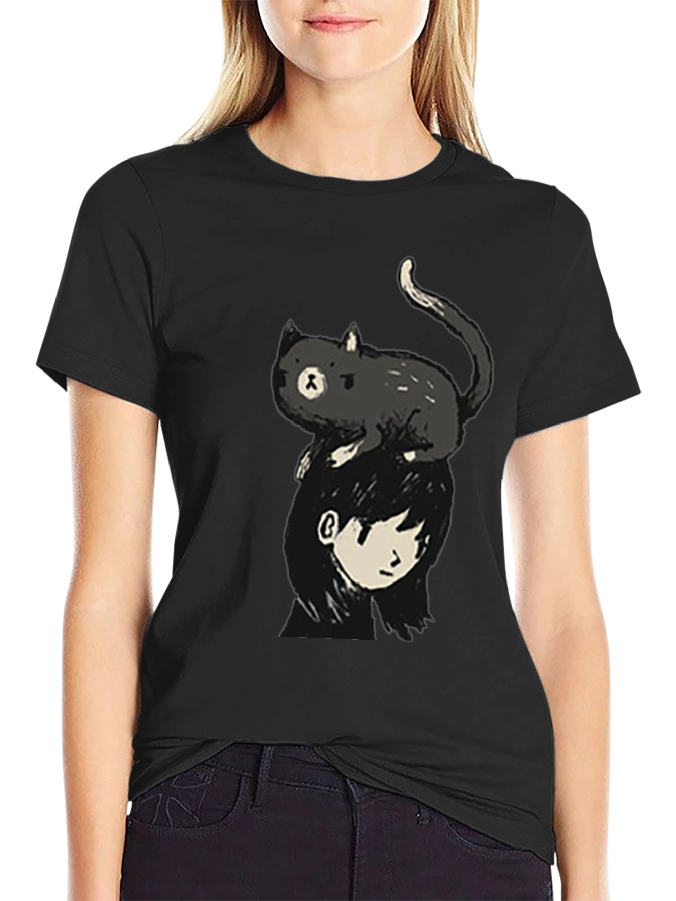 Black Cat on Head Graphic Tee - Black Crew Neck view 2
