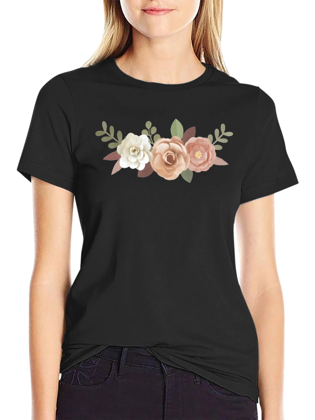 Black Floral Bouquet Graphic Tee - Black Cotton T-Shirt view 2