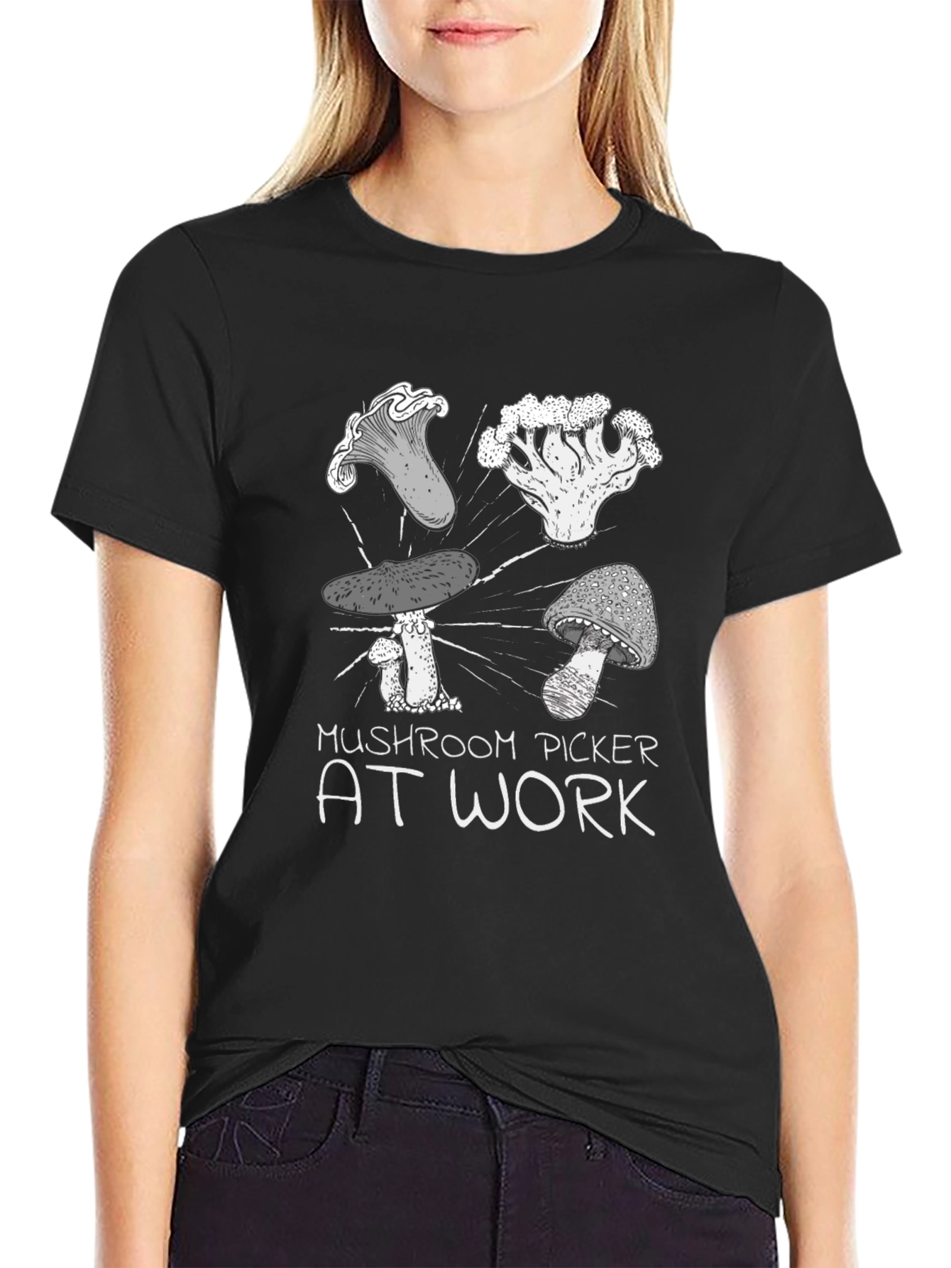 Black Mushroom Picker T-Shirt - At Work view 2