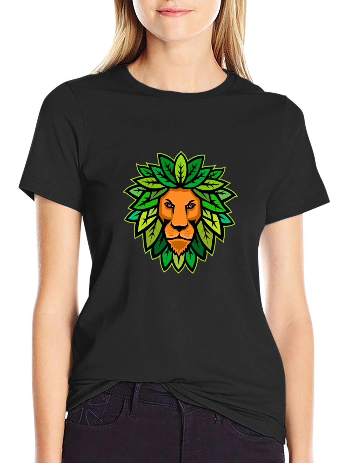 Black Lion King of the Leaves Graphic Tee - Black Cotton T-Shirt view 2