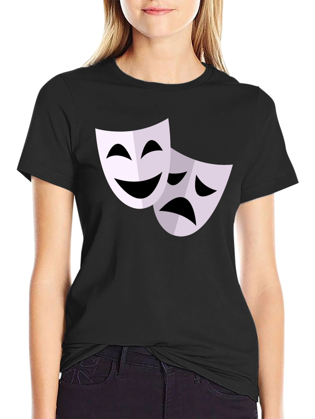 Black Comedy Tragedy Mask Graphic T-Shirt - Black view 2